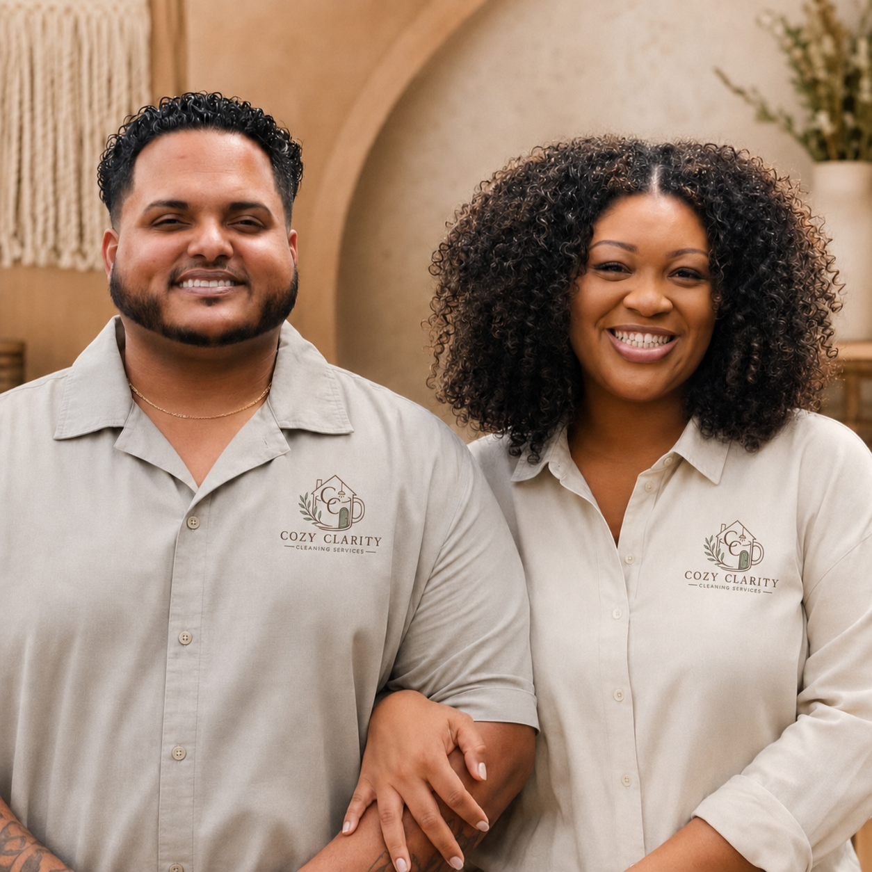 Two smiling employees in beige shirts with 'Cozy Clarity Cleaning Services' logo, standing close together. The man has curly hair and a beard, and the woman has curly hair. They are indoors with warm decor.