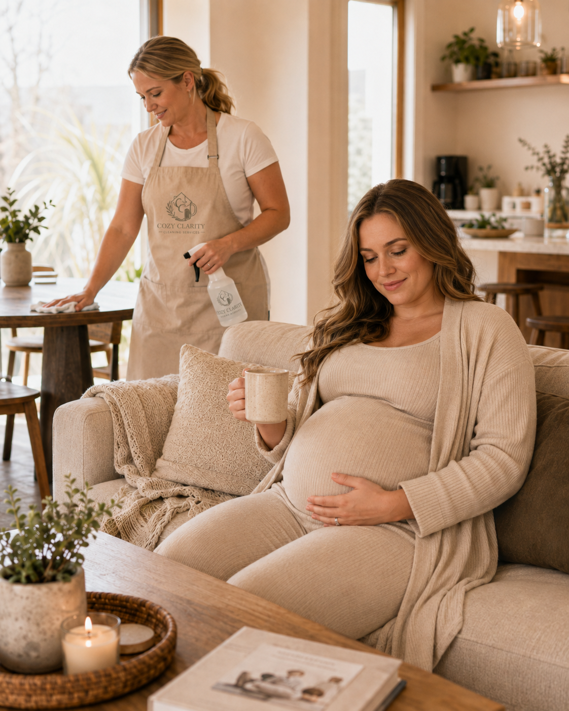 Pregnant woman sitting on a couch holding a mug, smiling as she looks down at her belly; woman cleaning the table in the background with a spray bottle.