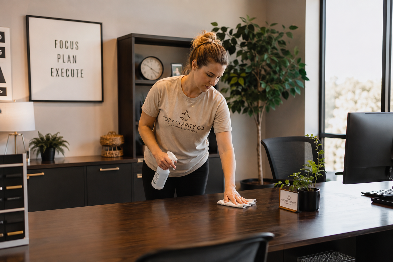 Woman cleaning a conference table with spray and cloth in an office with plants, a clock, and a framed quote on the wall.