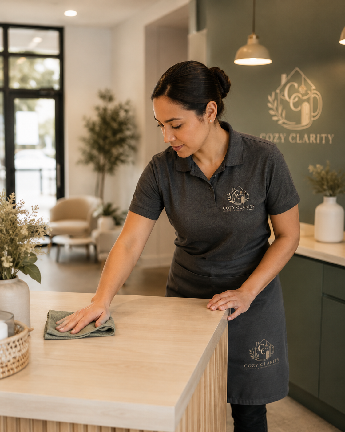 Woman in a dark gray shirt and apron cleaning a wooden counter with a cloth in a cozy cafe named Cozy Clarity.