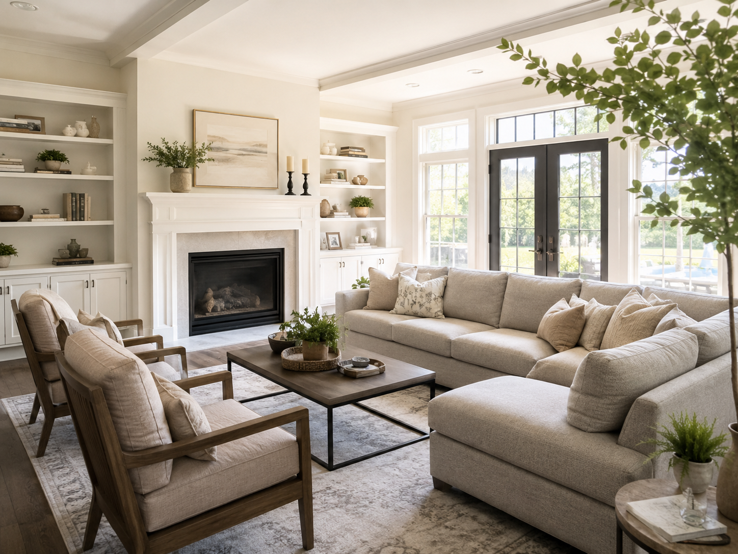 Bright living room with white walls, large windows, beige sectional sofa, wooden armchairs, fireplace, built-in shelves, greenery, and natural light.
