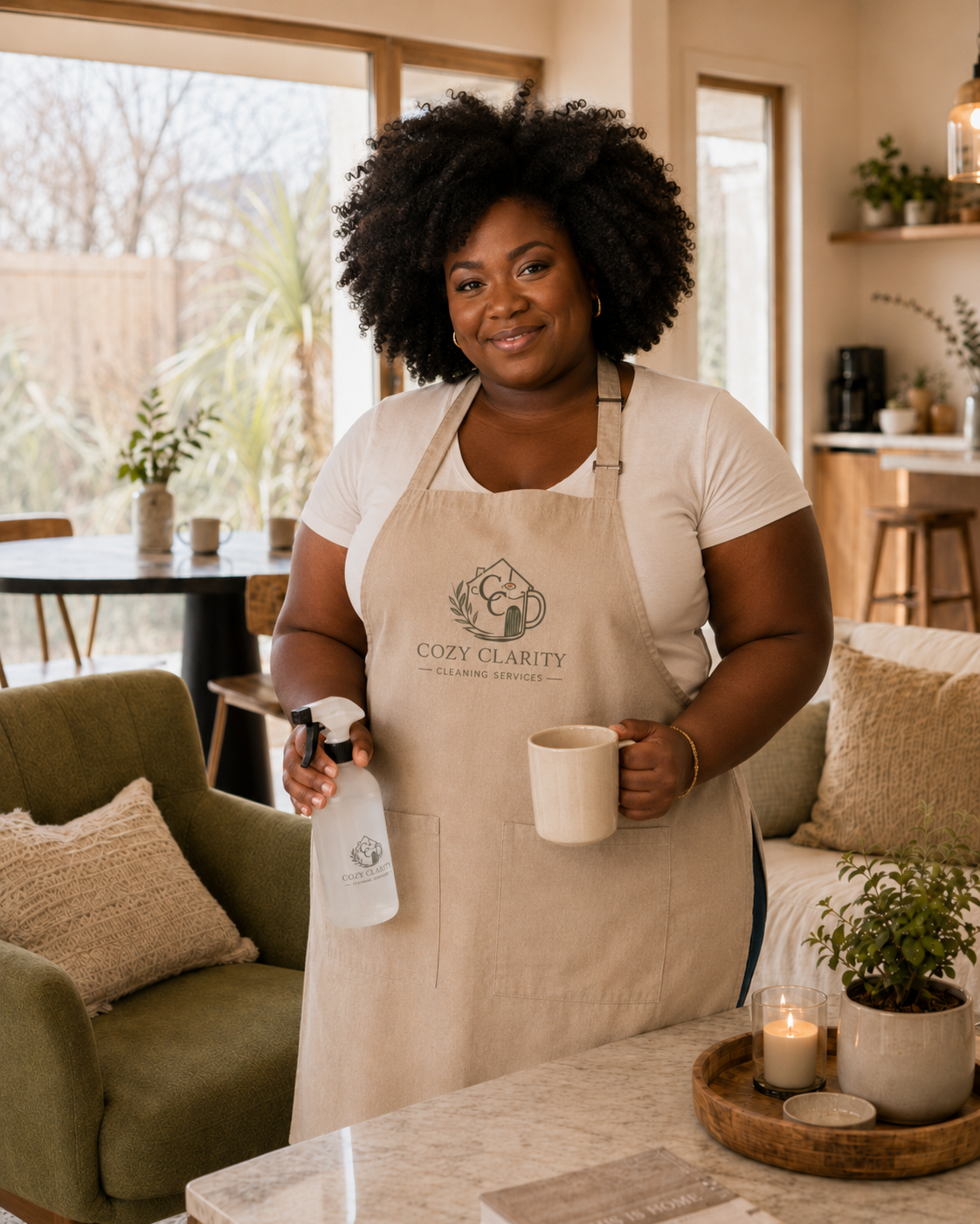 Woman smiling at camera inside a cozy, well-lit living room, wearing a beige apron labeled 'Cozy Clarity Cleaning Services,' holding a spray bottle and a mug.