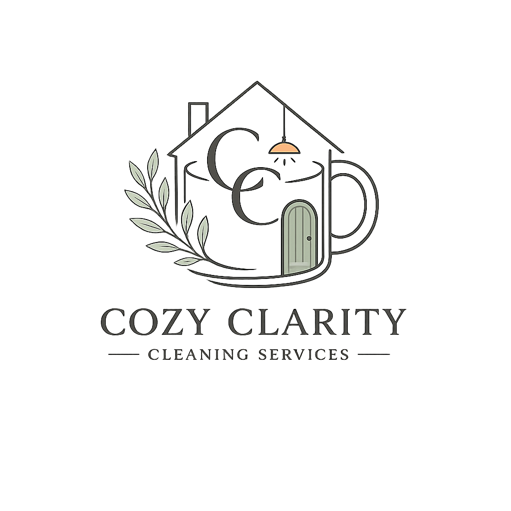 Logo for Cozy Clarity Cleaning Services featuring a house outline with a door, a chimney, a hanging lamp, and an olive branch, with the company name below.