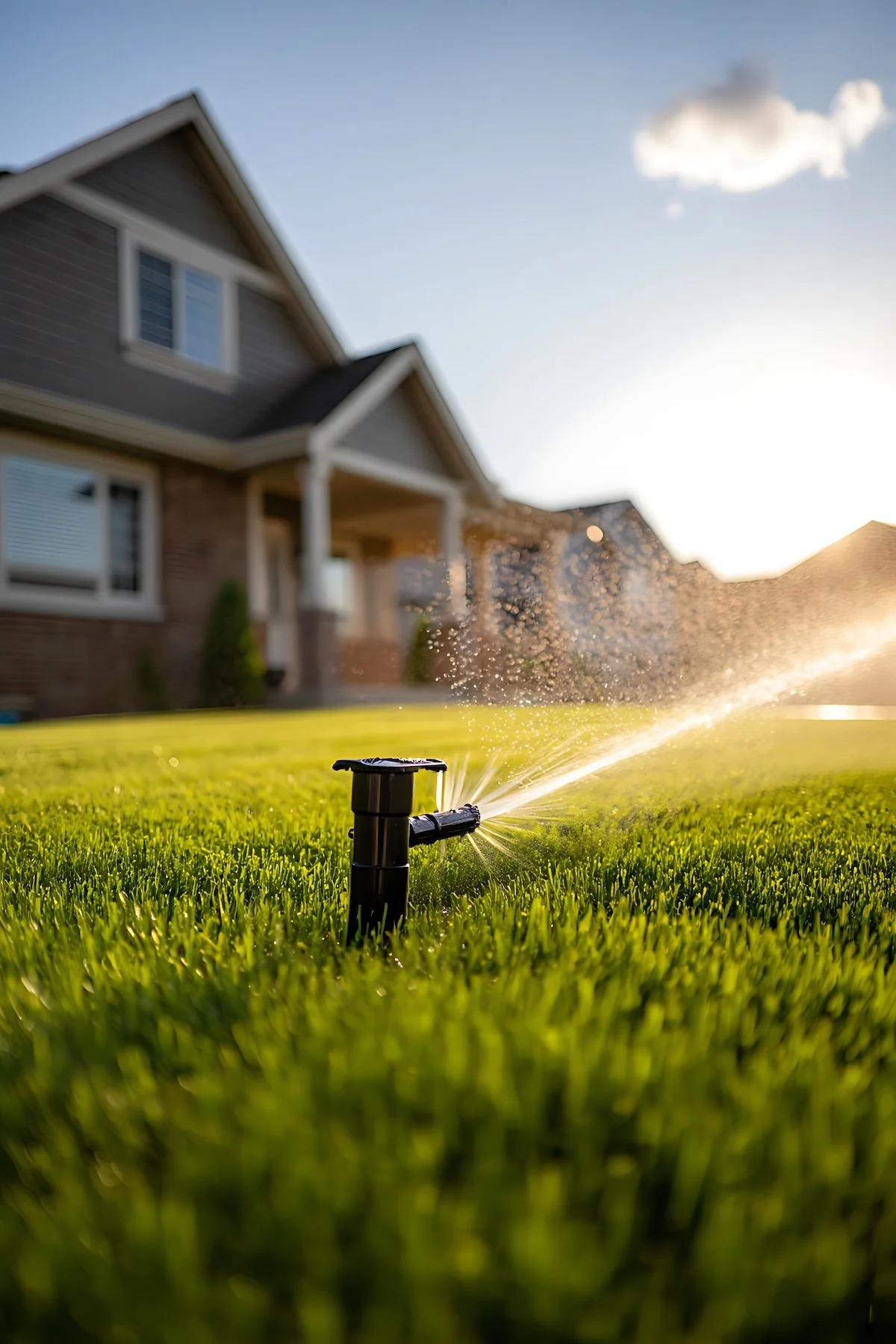 Automatic lawn sprinkler watering green grass in residential yard