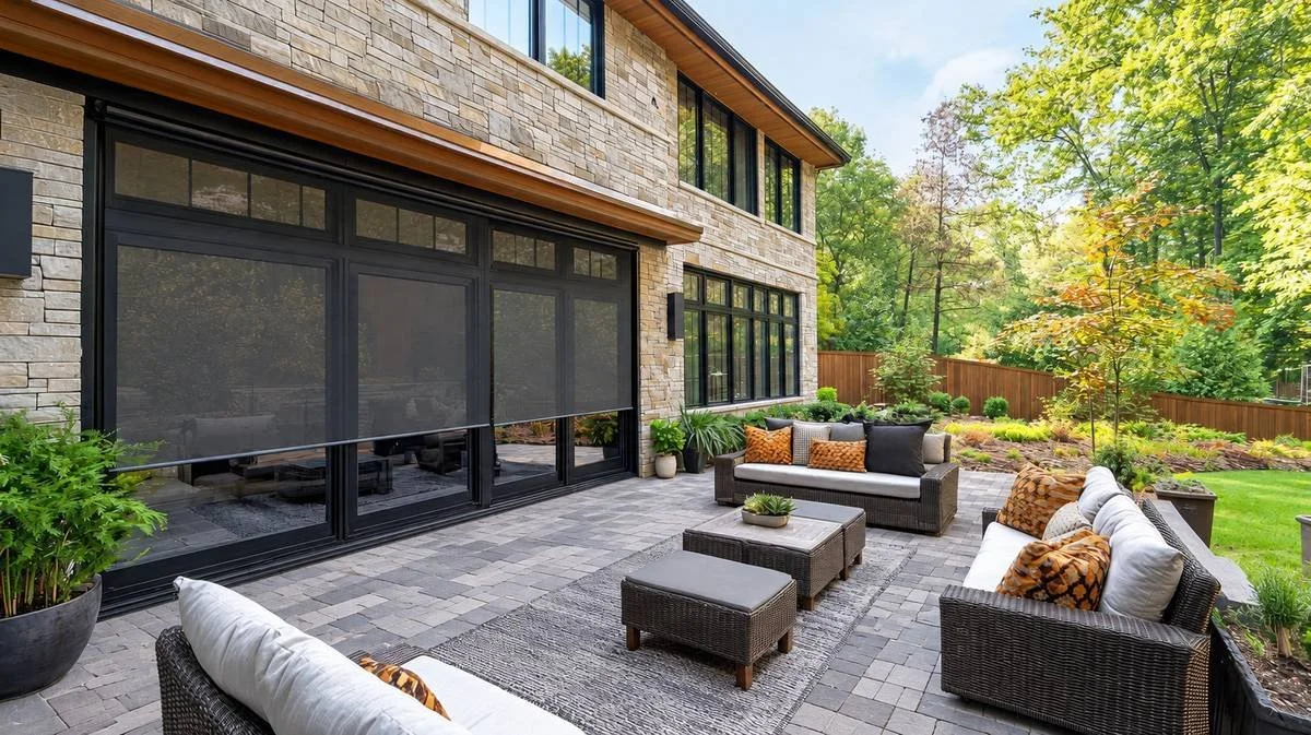 Paver patio with wicker lounge seating beside a stone home and landscaped backyard