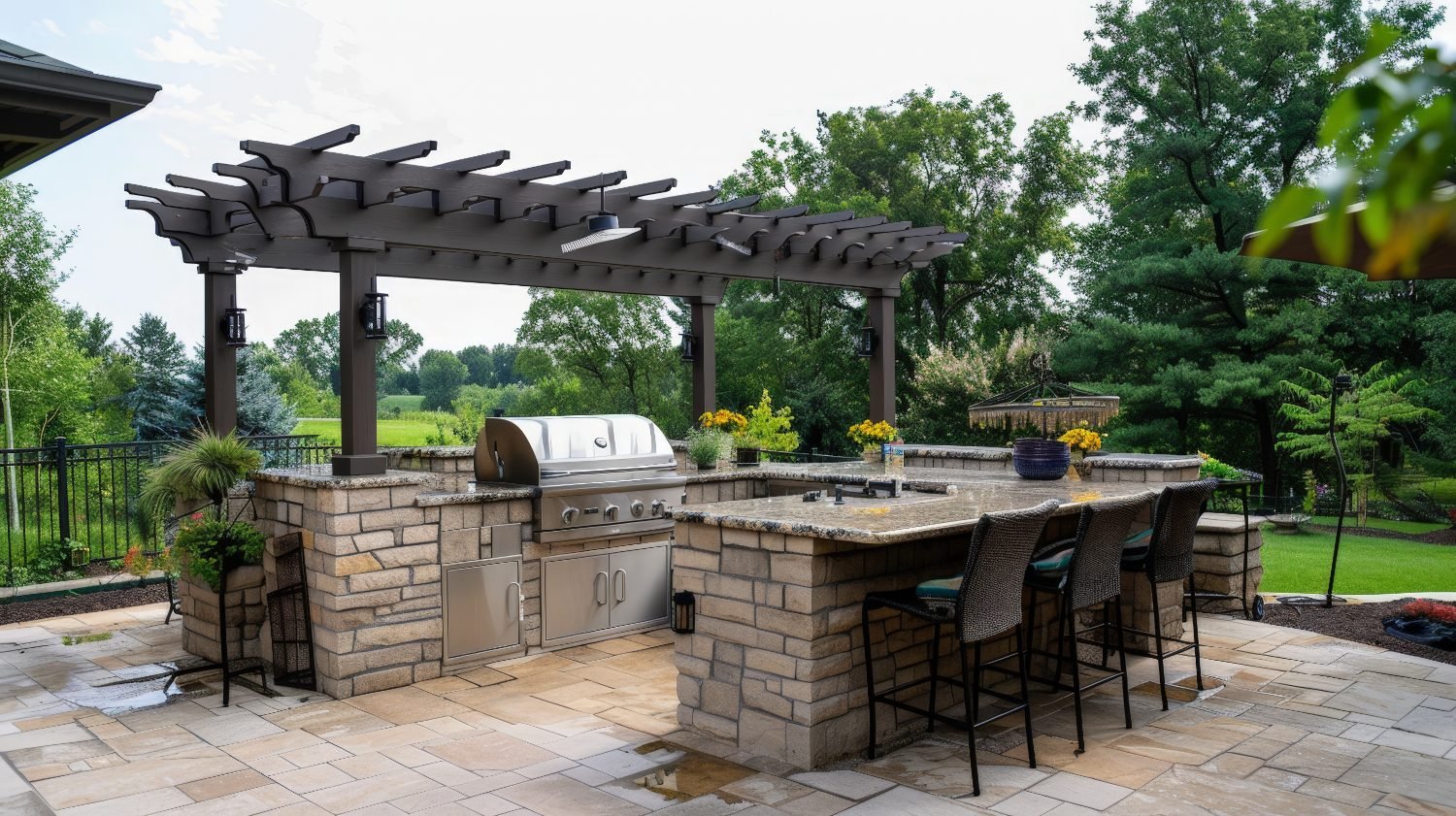 Outdoor kitchen with steel grill, pergola, and paver patio