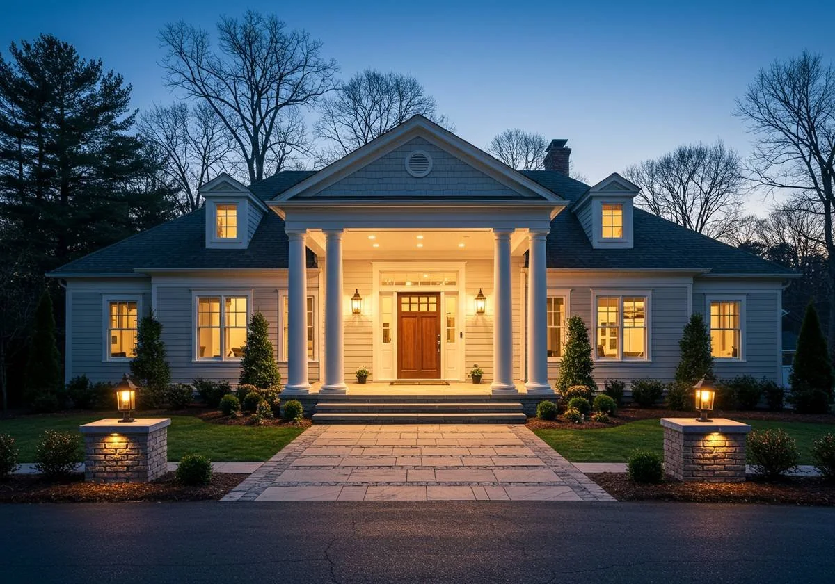 Lit front walkway leading to a home entry with landscape lighting at dusk