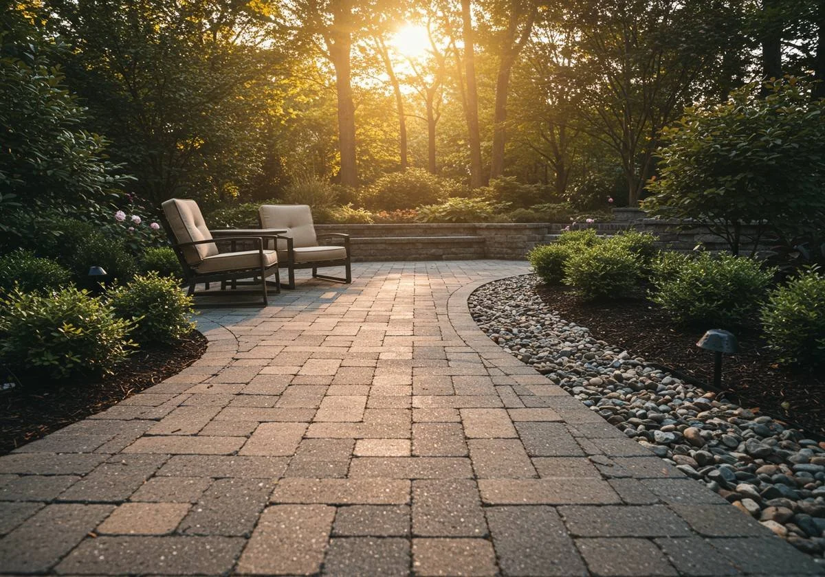 Paver path curving through planting beds to a backyard seating area