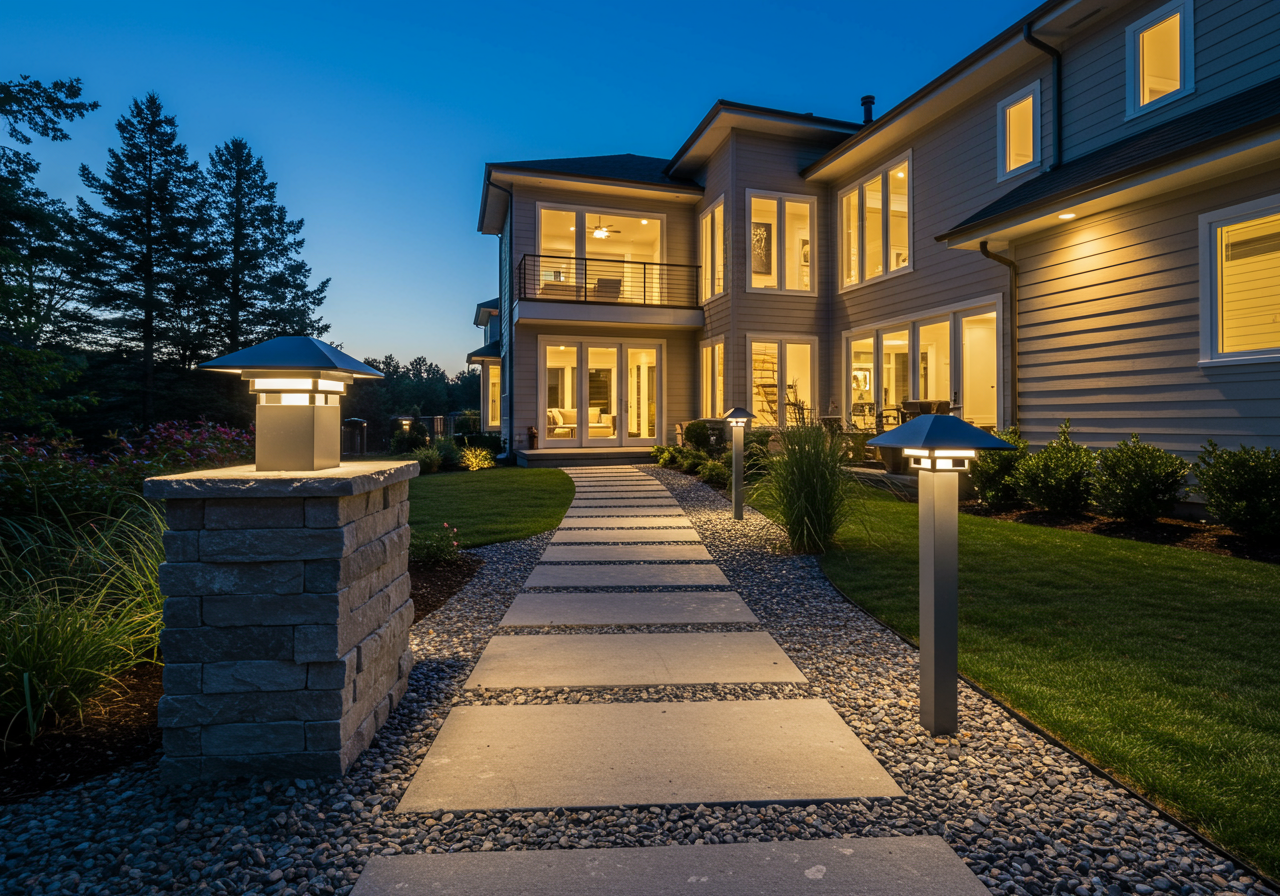 landscape lighting along stone path walkway in residential yard