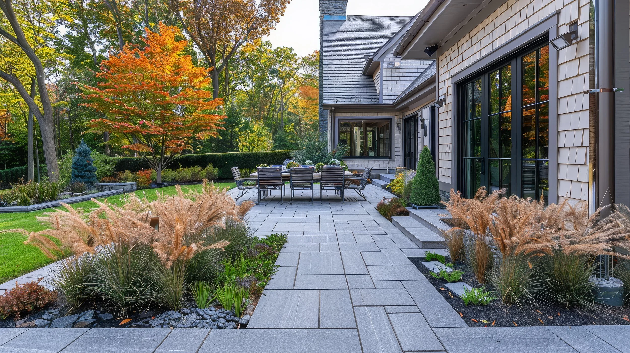Paver patio, plantings, and landscape design in residential backyard