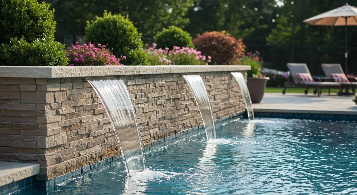 Stone wall waterfalls spilling into a backyard pool with lounge seating