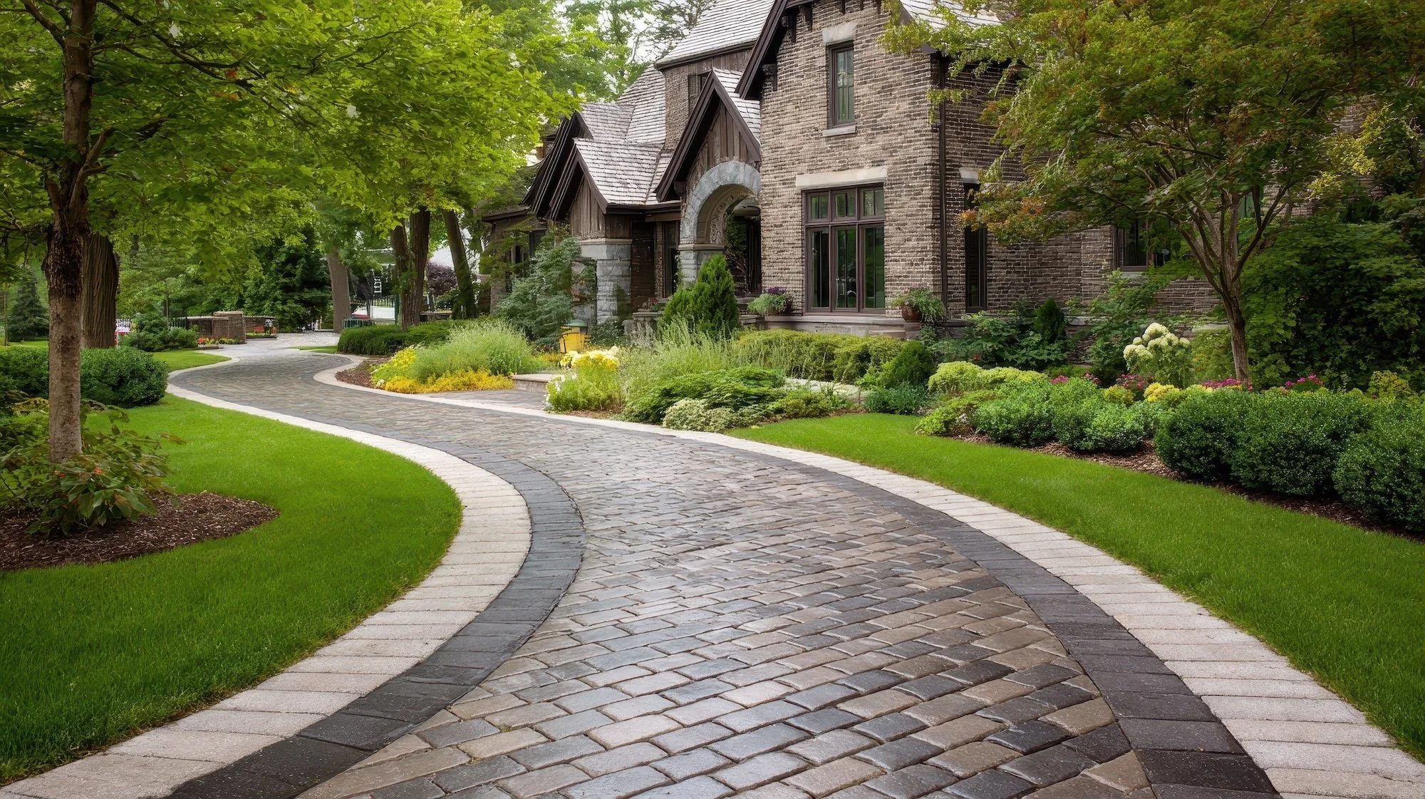 Driveway pavers with curved green grass arc