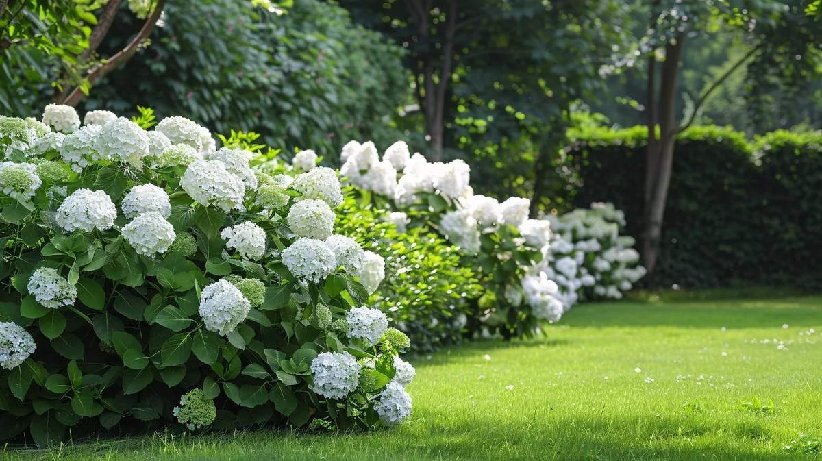 White hydrangea border planted along a lawn in front of a tall green privacy hedge