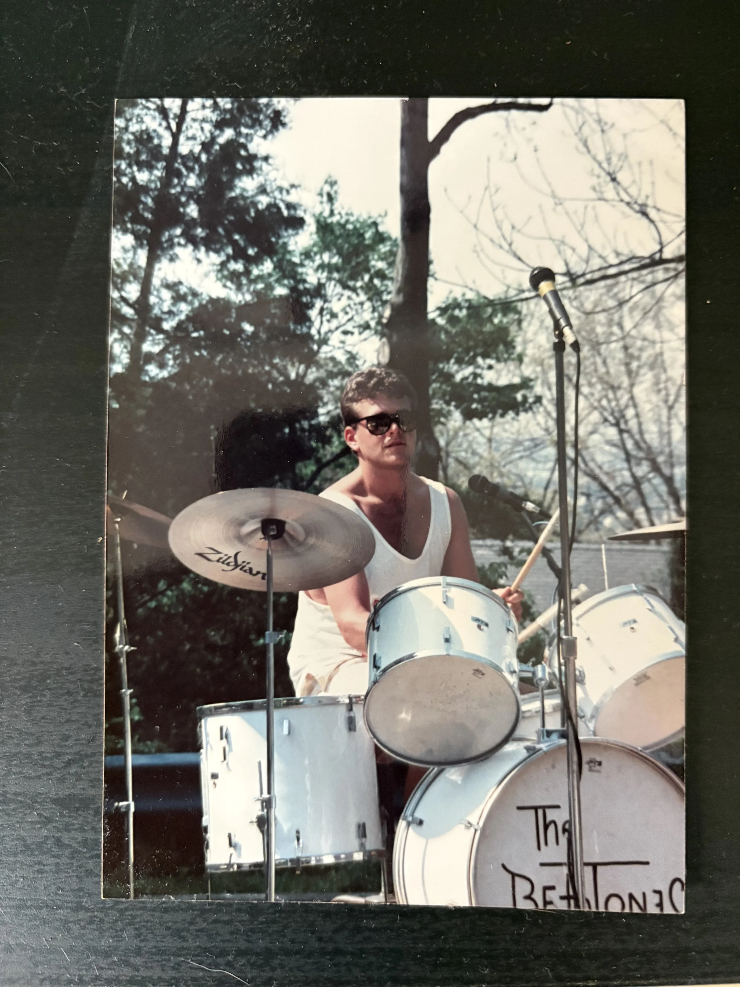 Ritchie playing drums with The BethTones at the Greek Week party at Beta Theta Pi, Lehigh University, Spring 1990