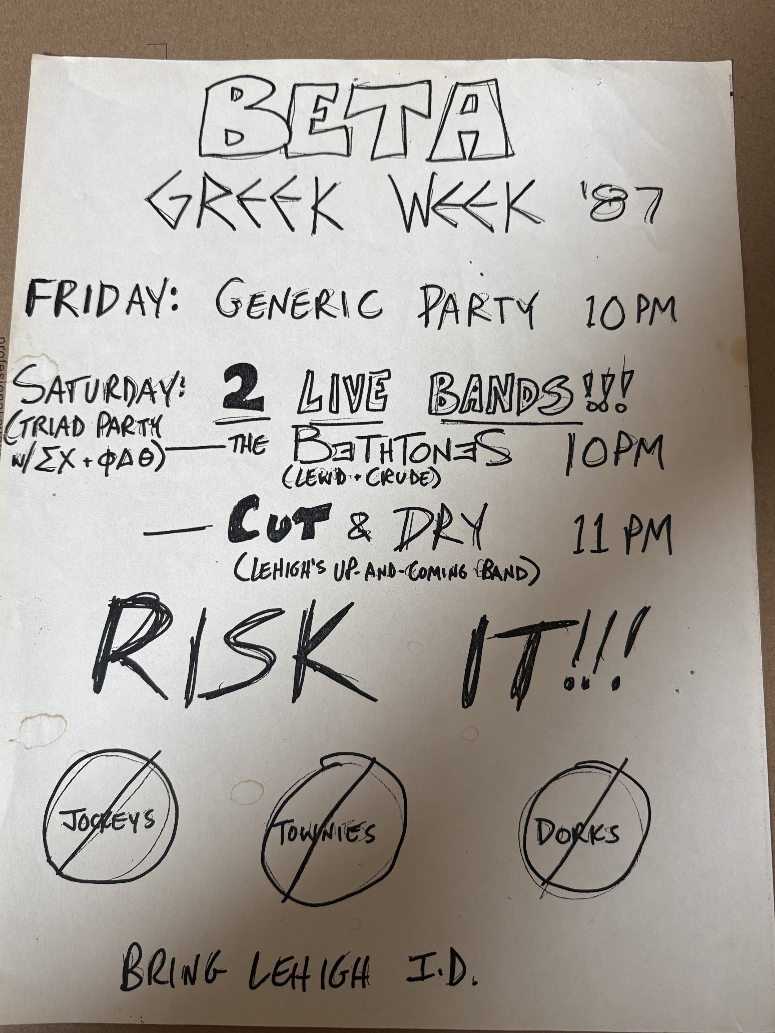Original BethTones promotional party poster for Greek Week at Beta Theta Pi fraternity, Lehigh University, in 1987