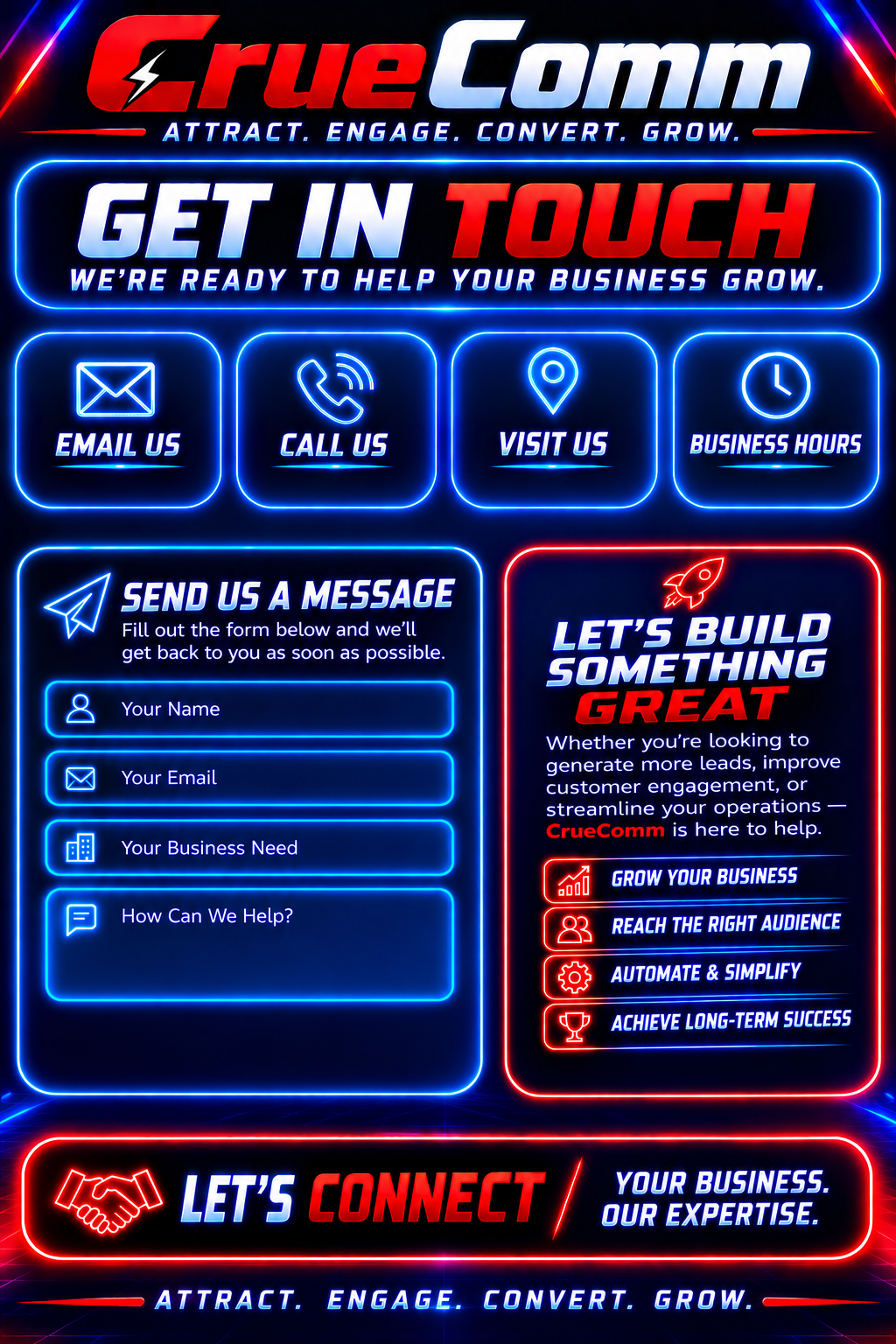 Neon-style business promotional sign for CrueComm, emphasizing contact options including email, call, visit, and message. The sign features neon icons and text with phrases such as 'Get in Touch,' 'Let's Build Something Great,' and 'Let's Connect.' There are sections for business growth, audience engagement, and operational streamlining.