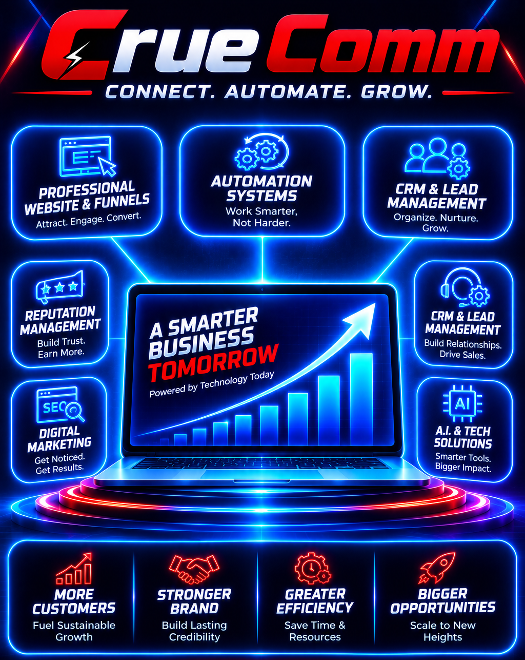 Neon sign promoting TrueComm's business solutions, including website funnels, automation, CRM, reputation management, digital marketing, AI solutions, and growth strategies, with a central graphic of a rising arrow and bar chart.