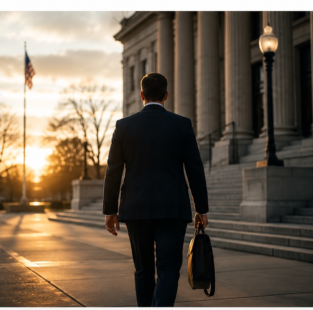 Man in a business suit walking away from a government building during sunset, carrying a briefcase.