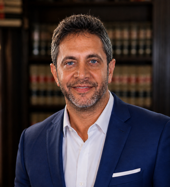 A middle-aged man with brown hair and a beard, wearing a blue suit and white shirt, smiling in a library or office with bookshelves in the background.