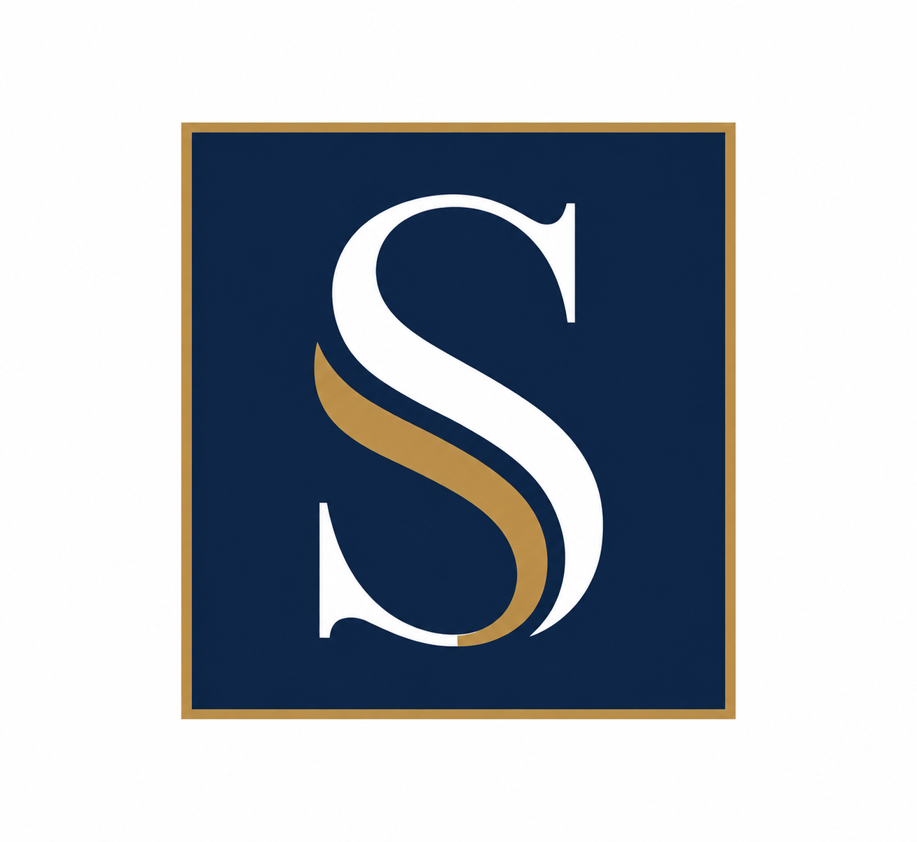 A square sign with a navy blue background and a white and gold border, displaying a large white letter 'S' with a gold shadow.