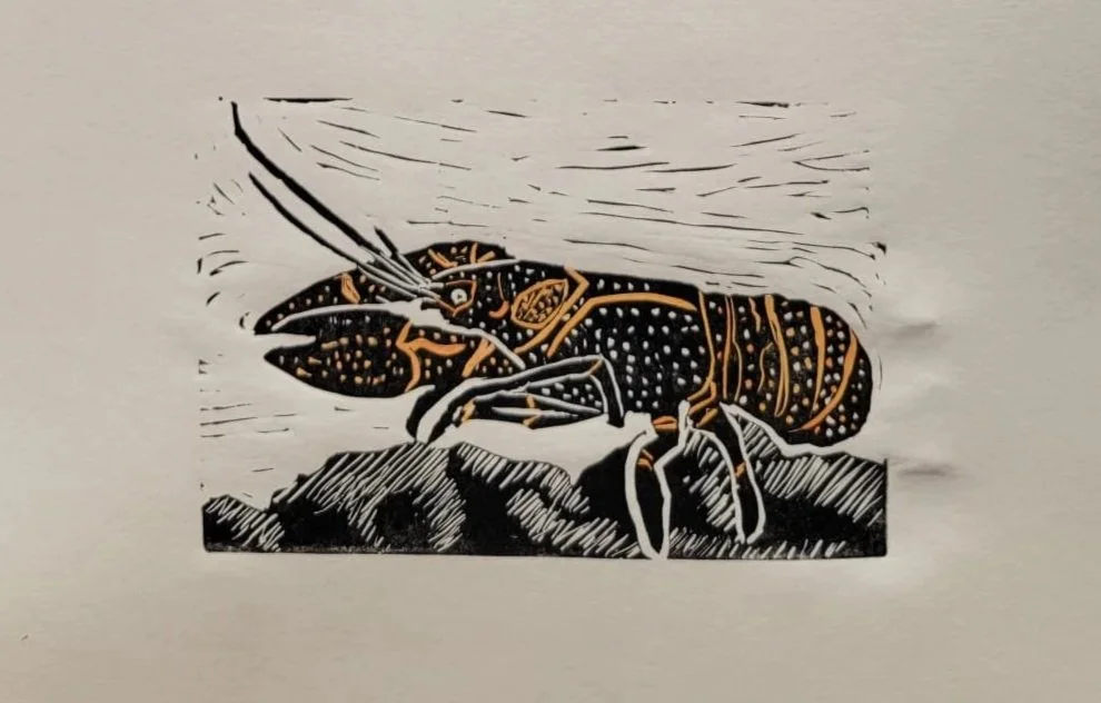 A linocut of a Shasta crayfish