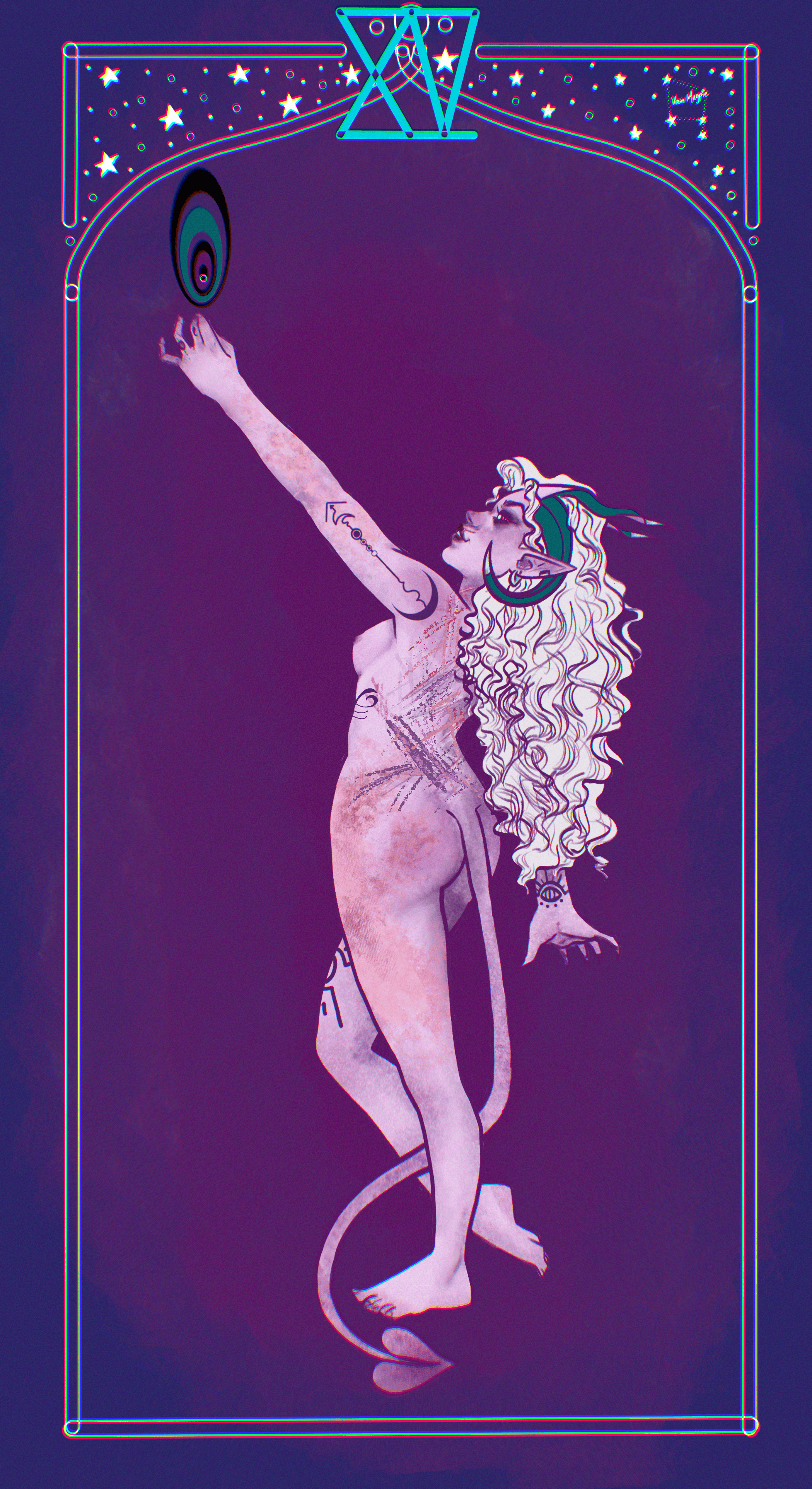 A fantasy-style illustration of a humanoid with features of a mythical creature, with long curly hair, pointed ears, and horns, reaching upward towards a celestial object with stars in the background, framed by neon lines and geometric shapes.