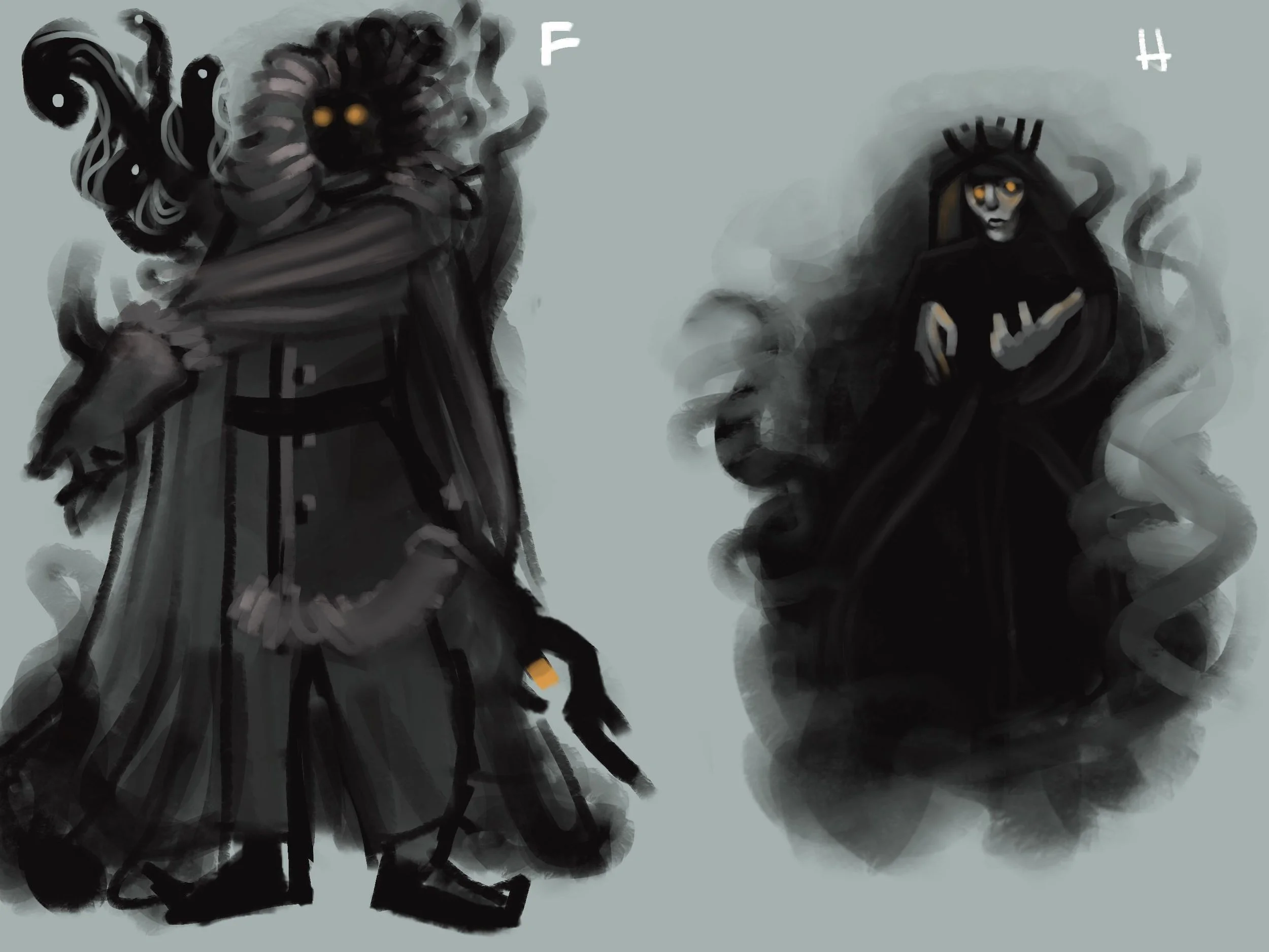 Dark, shadowy figures with glowing yellow eyes, one with a snake-like shape and another with a human face and hair resembling snakes, set against a gray background.