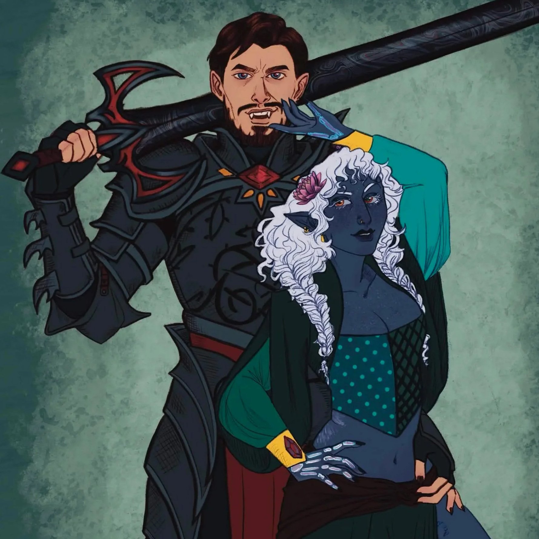 A stylized drawing of a man with brown hair, a beard, and blue eyes, wearing black armor with red and gold accents, holding a large spear on his shoulder, with a female character with dark skin, white curly hair, and elf-like ears, wearing a teal jac