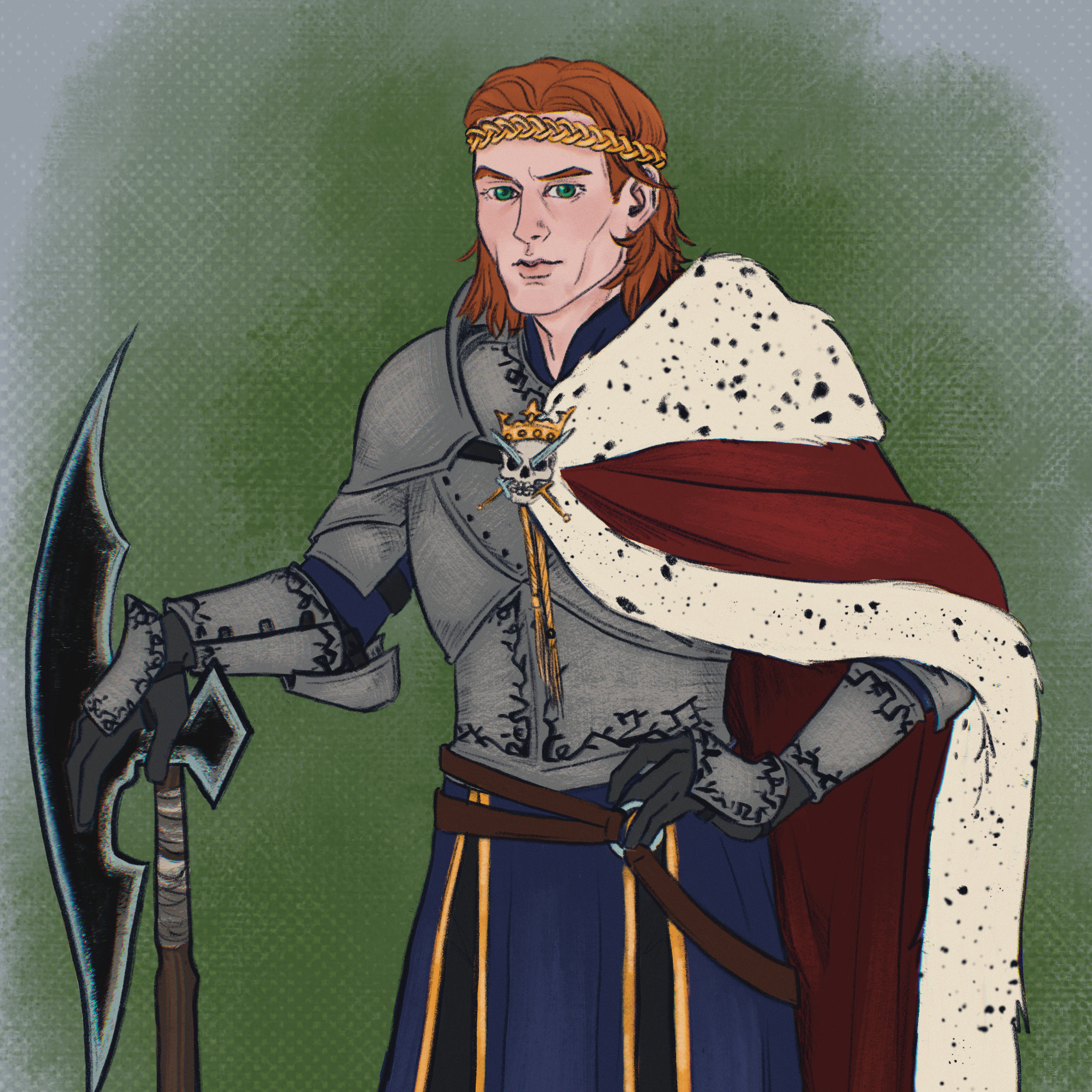 A medieval-style illustration of a red-haired king wearing a golden crown, a gray suit of armor, and a white fur cloak with black spots, holding a sword, against a green background.