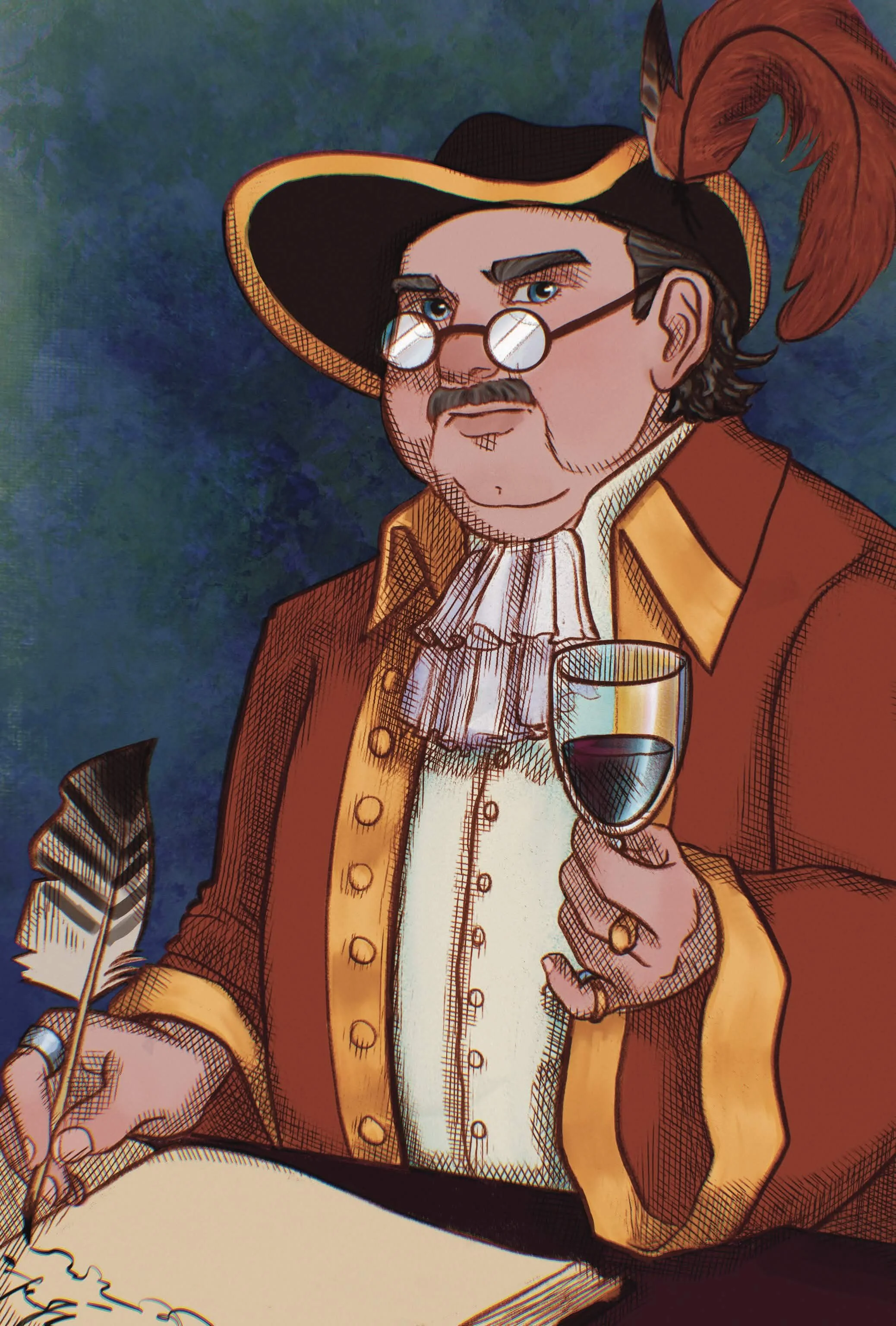 A cartoon character dressed as a historic explorer or sailor, wearing a large hat with a feather, round glasses, a ruffled shirt, and a coat, holding a glass of red wine in one hand and a quill in the other, with a colorful background.