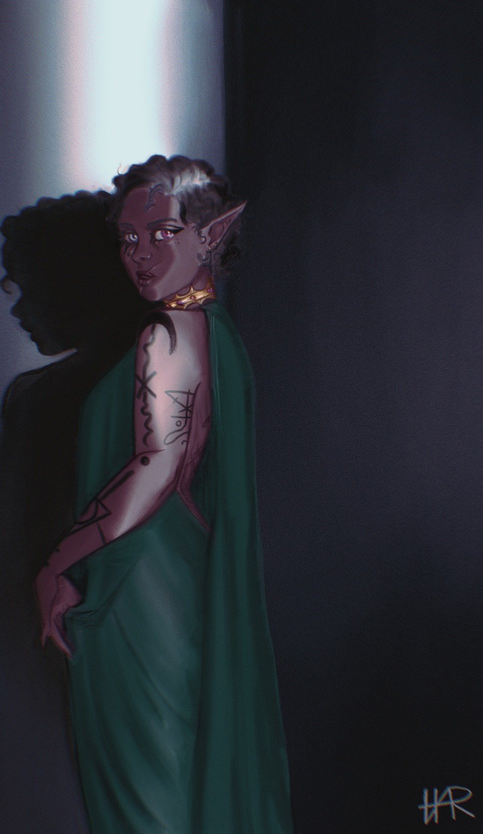 Digital art of a female elf with purple skin and curly hair, wearing a green dress, standing against a dark background, with tattoos on her arm and a confident expression.