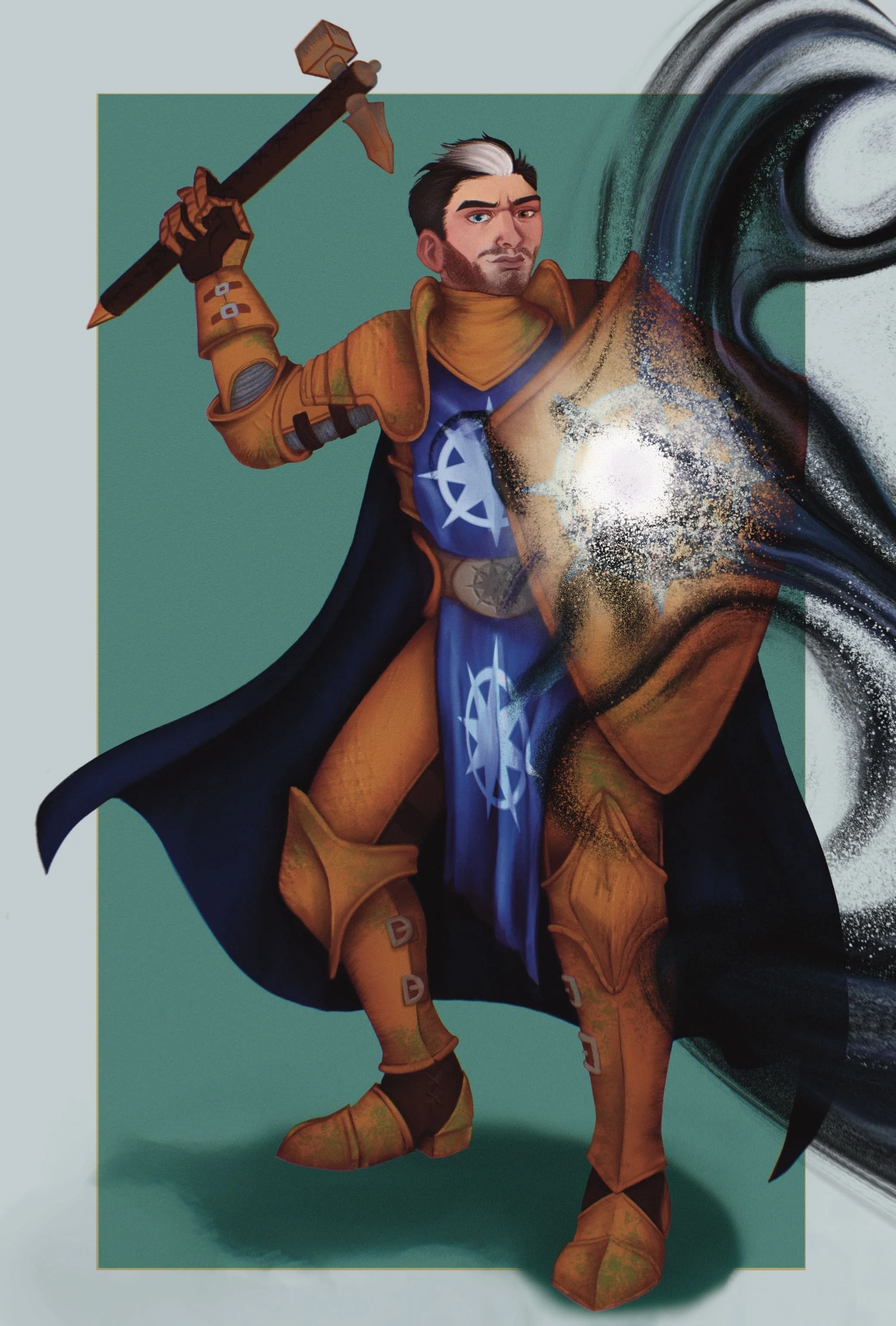 An illustration of a Caucasian man with dark hair streaked with white & heterochromatic blue and brown eyes. He is wearing old copper heavy plate armor, a dark cloak, a blue tabard with the star symbol of Mystra. He wields a hammer and shield.