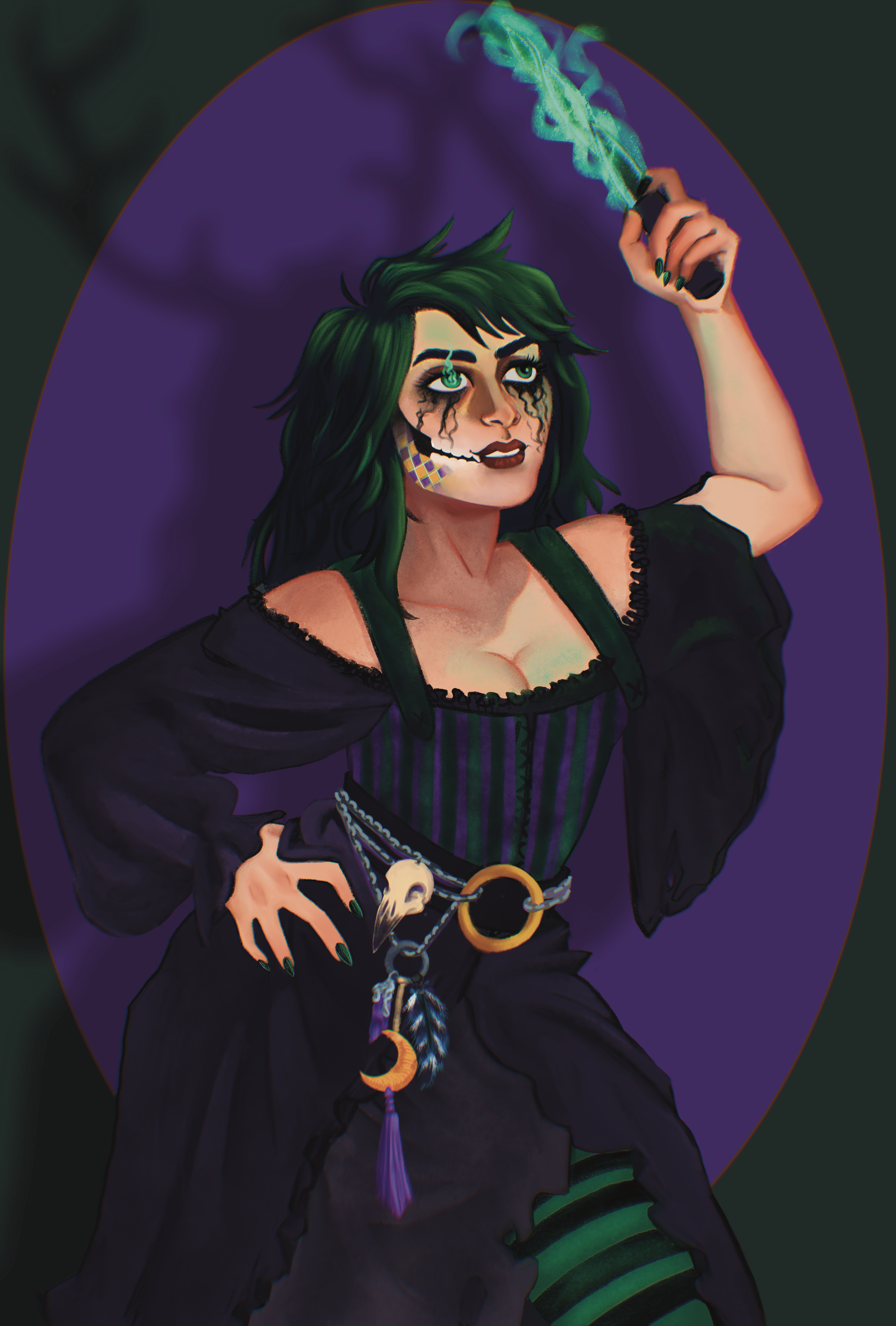 An illustration of a pale, dark-haired woman in a torn purple dress and dirty multicolored striped corset and stockings. Her belt is adorned with a rattan moon charm, amethyst crystal, and bird skull. She holds a twisted dagger that is glowing green