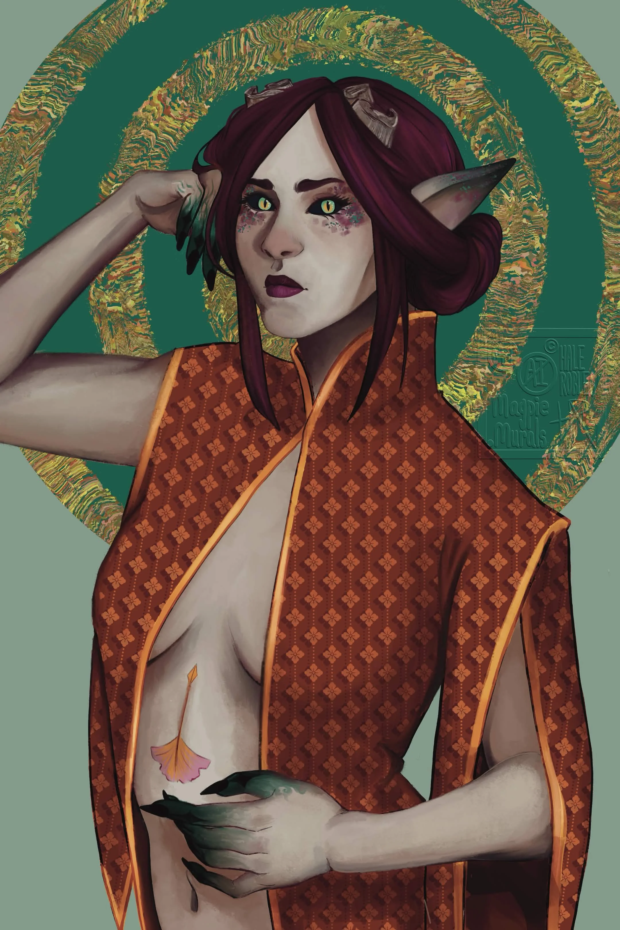 Illustration of a sad, pale, auburn haired tiefling woman with her horns filed down to her skull. She wears an open, patterned dress and rests her hand on her stomach. Her fingers end in claws and swirling black and green patterns.