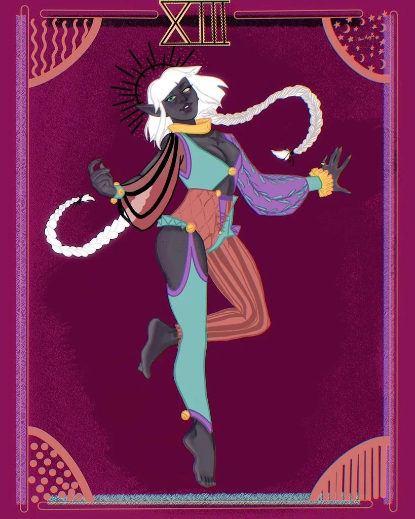 Illustration of a dark-skinned, white-haired female elf, dressed in colorful, patchwork-style clothing, floating against a purple background with decorative borders and the Roman numeral XII at the top.