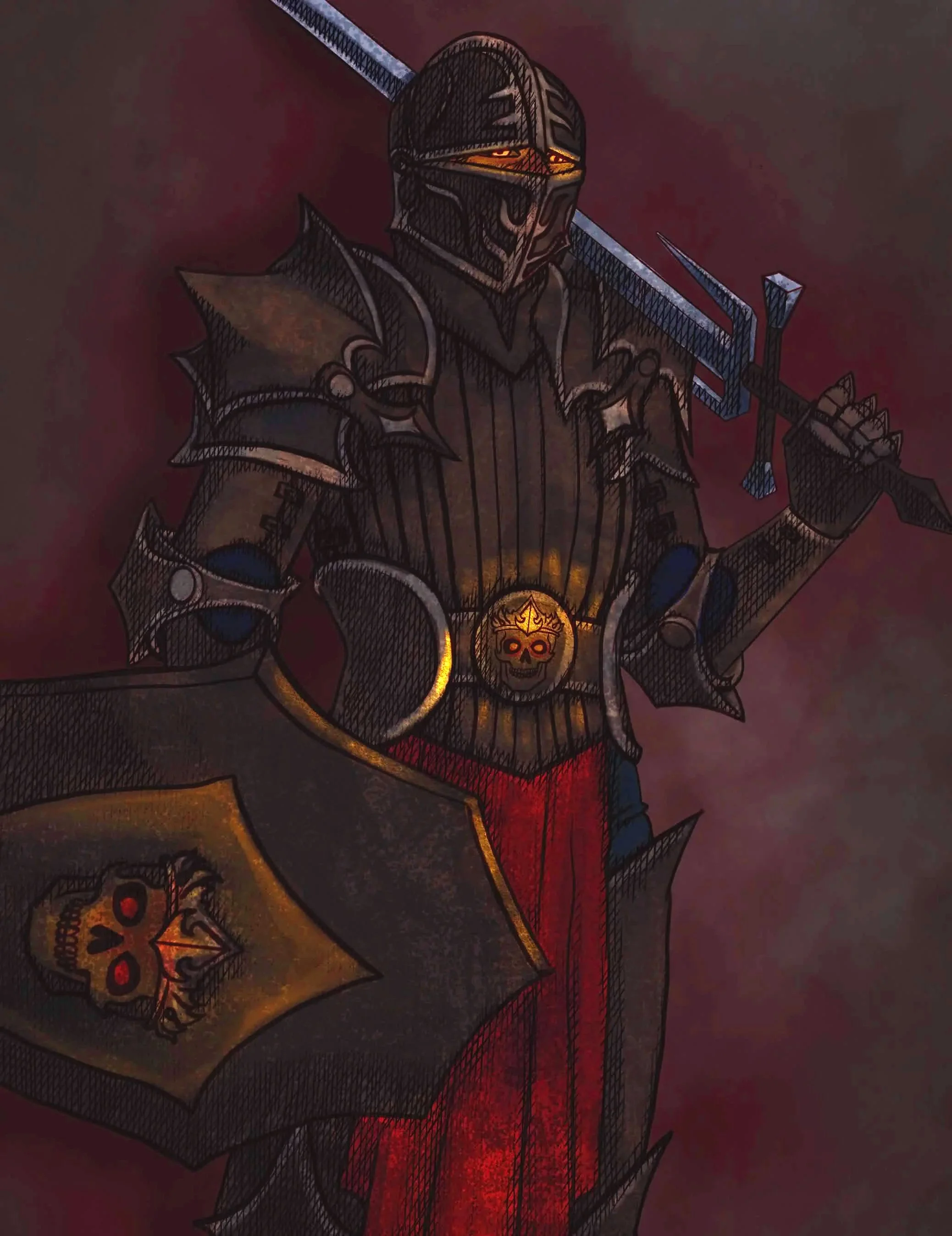 A digital illustration of a knight in dark armor with glowing orange eyes, holding a large sword over his shoulder, with a shield on his arm that features a skull and moth design, against a dark red background.