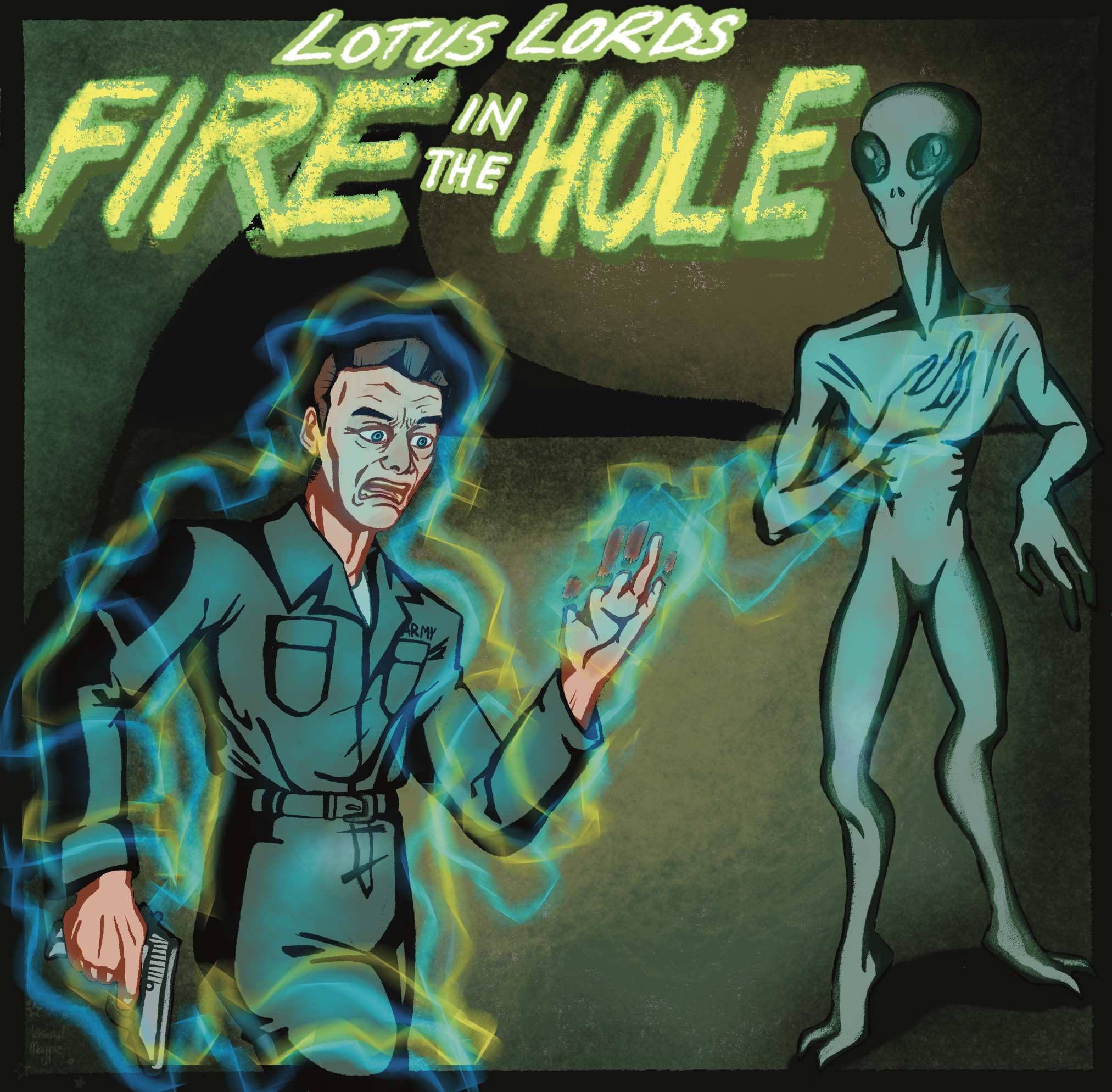 Comic-style illustration of a frightened man with blue glowing aura, holding a gun, facing an alien creature with a large head and slender body, with the text 'Lotus Lords in the Fire in the Hole' glowing above.