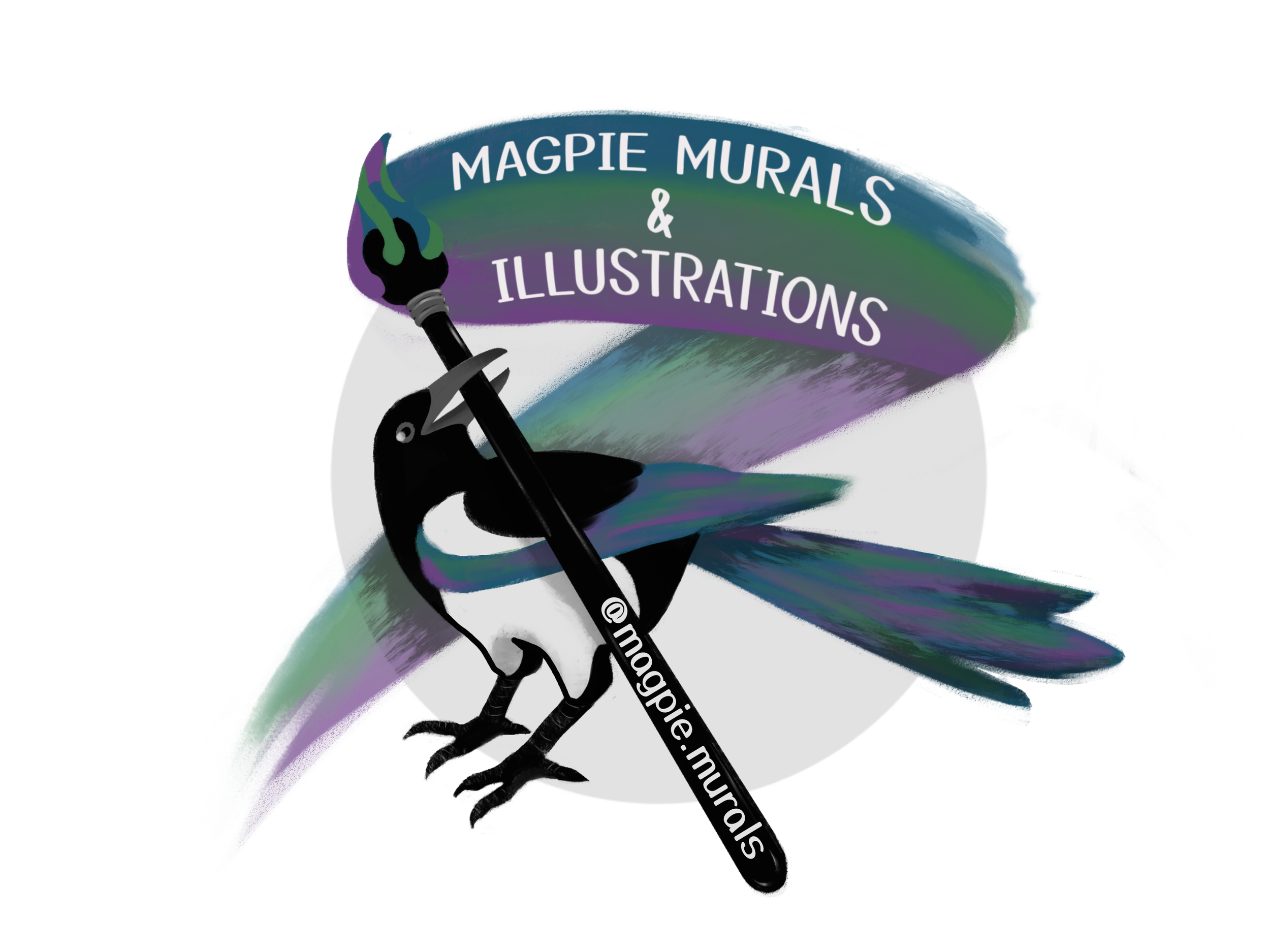 Illustration of a black bird holding a marker with a rainbow trail behind it, forming a banner that reads 'MAGPIE MURALS & ILLUSTRATIONS'.