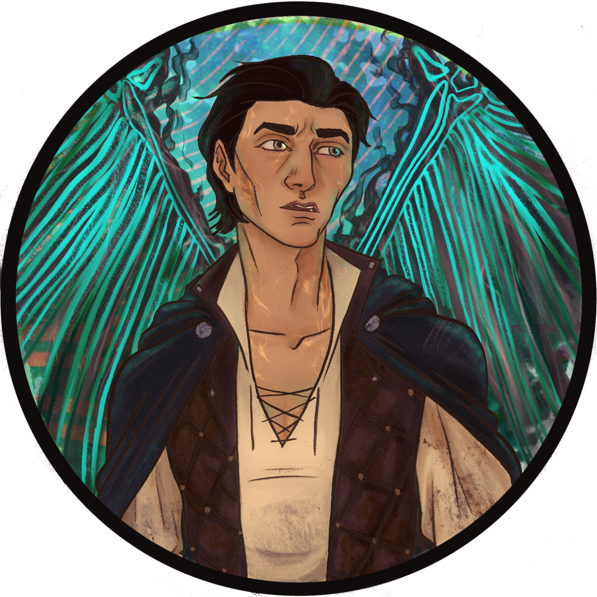 Digital artwork of a young man with dark hair, wearing a leather jacket and a laced shirt, set against vibrant glowing bone wings.