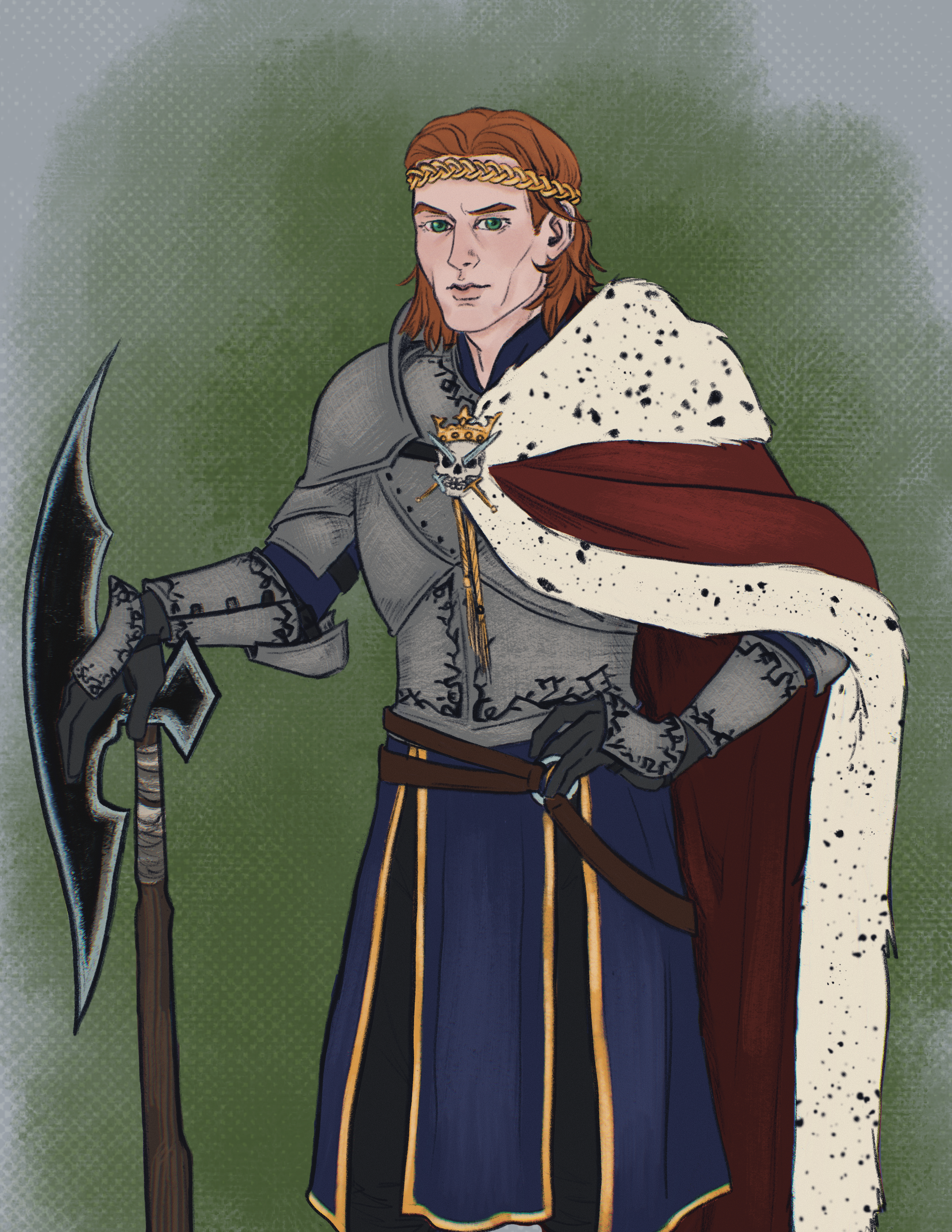 Illustration of a character with red hair, wearing medieval-style armor and a regal cape with a skull and crown emblem, holding a polearm.