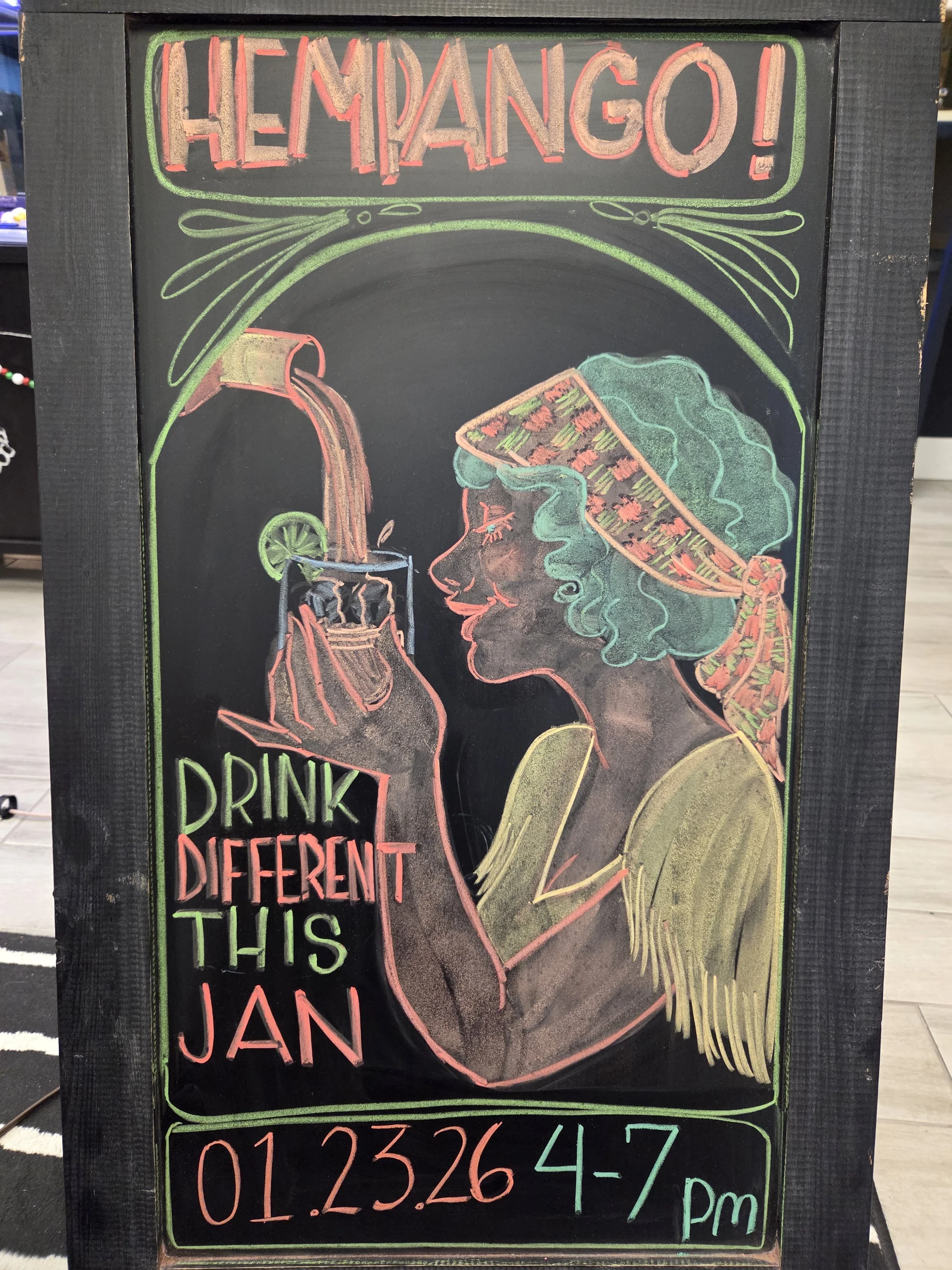 A chalkboard sign advertising fresh watermelon, featuring colorful drawings of a woman with a watermelon head, a watermelon slice, and a drink with lime, with text saying, 'Hello Mango! Drink different this Jan,' along with a date and time, all outlined in neon colors.