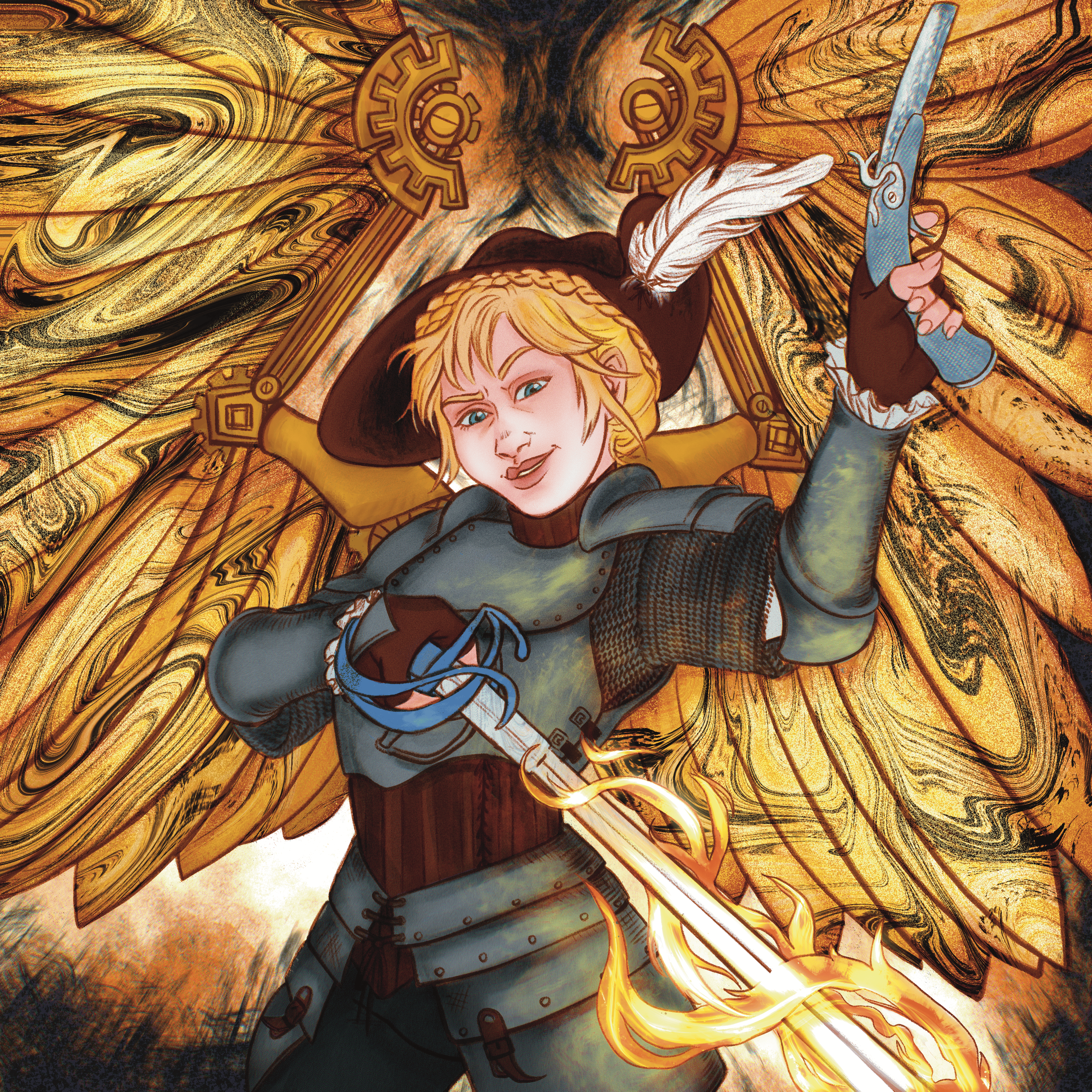 A digital illustration of a young adventurer with blonde hair, wearing a hat, holding a sword, and surrounded by swirling gold and black mechanical wings. She has a confident and cocky expression.