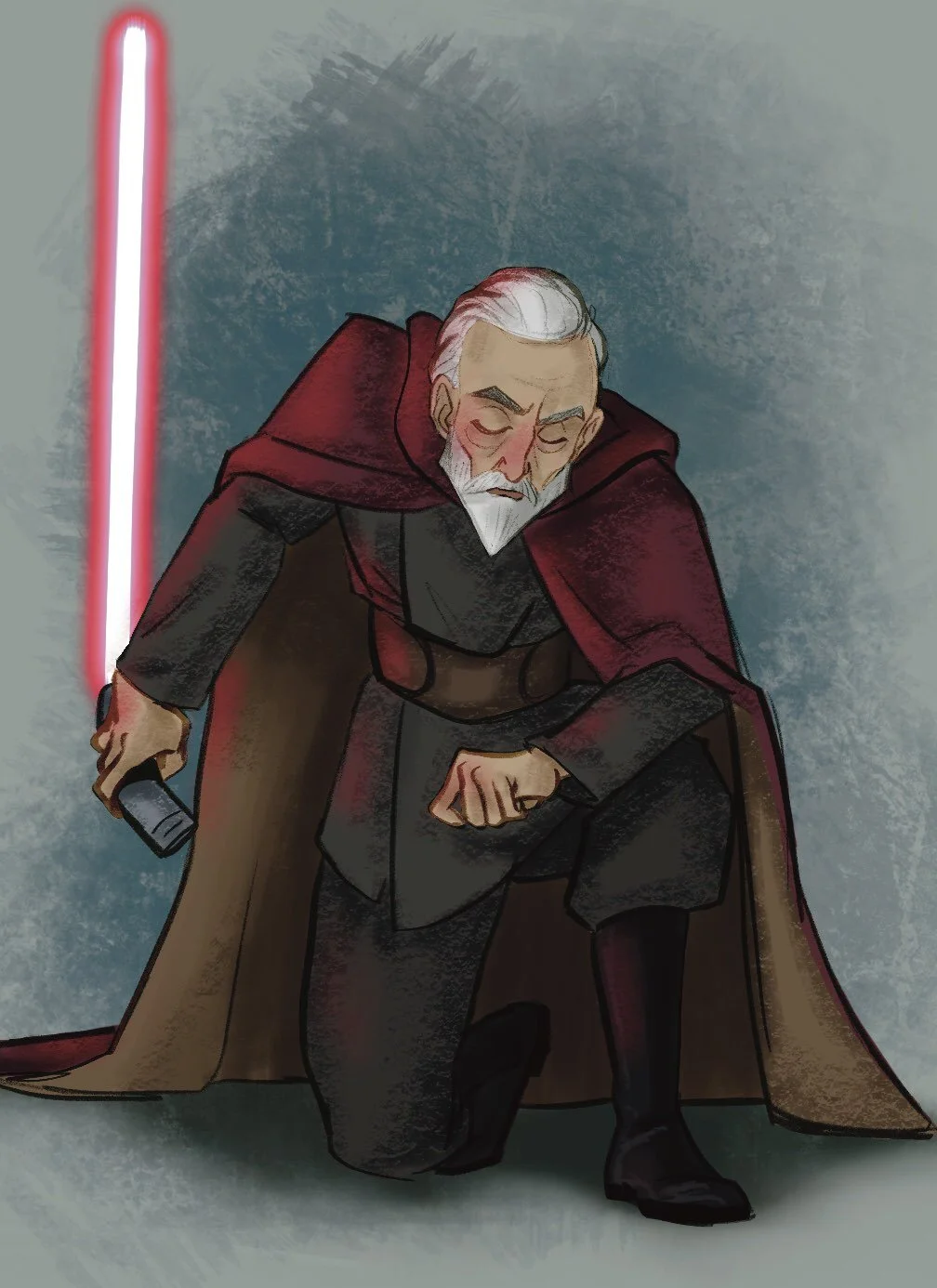 An elderly man with gray hair and a beard, dressed as a Sith Lord, is kneeling on one knee and holding a red lightsaber in his right hand. He appears to be in a moment of contemplation or exertion.
