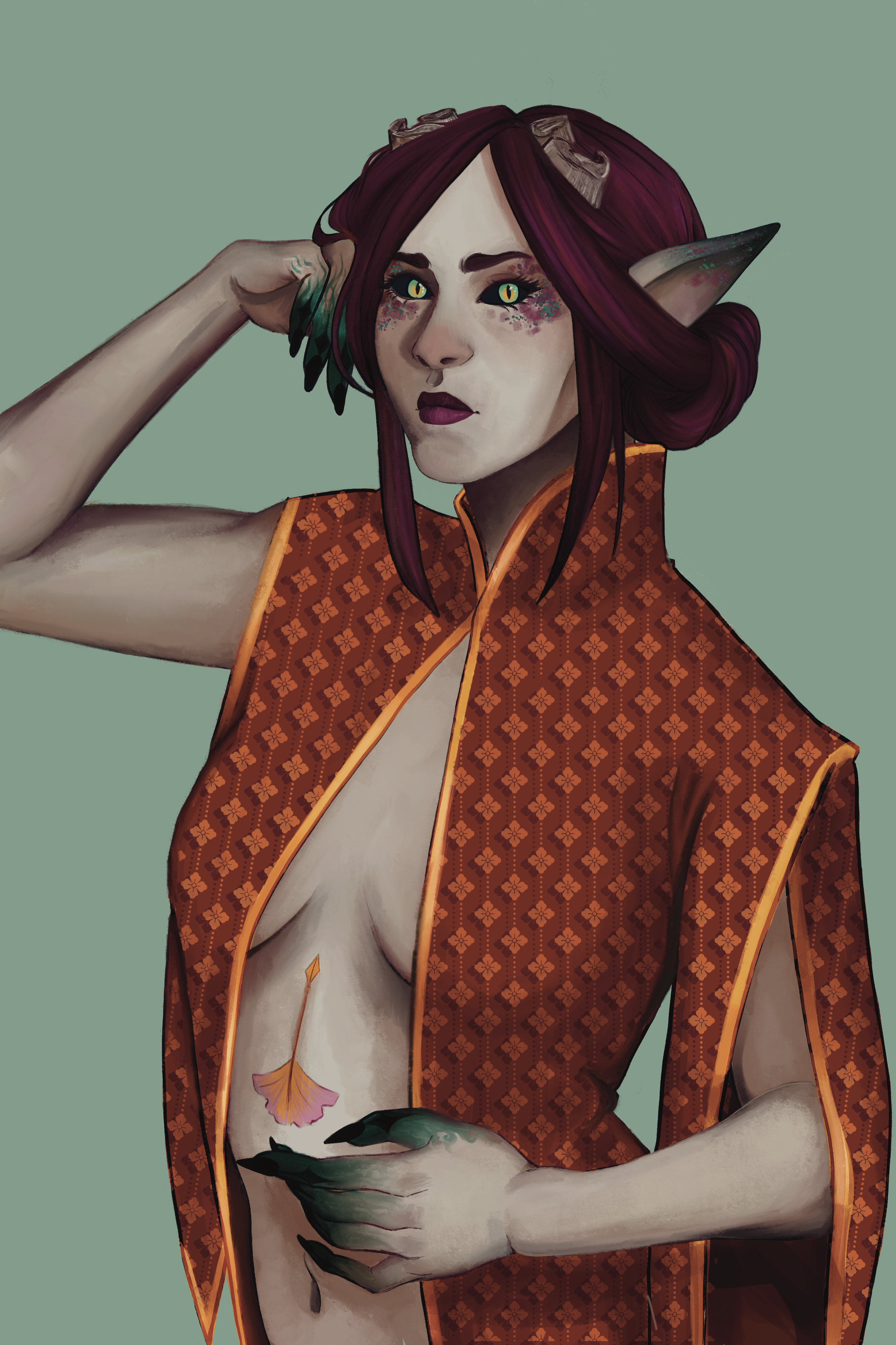 A digital fantasy painting of a female tiefling with purple hair, cut horns, yellow-green eyes, and pointed ears, wearing a red patterned vest with orange trim, revealing a tattoo of a ginko leaf on her abdomen, against a muted green background.