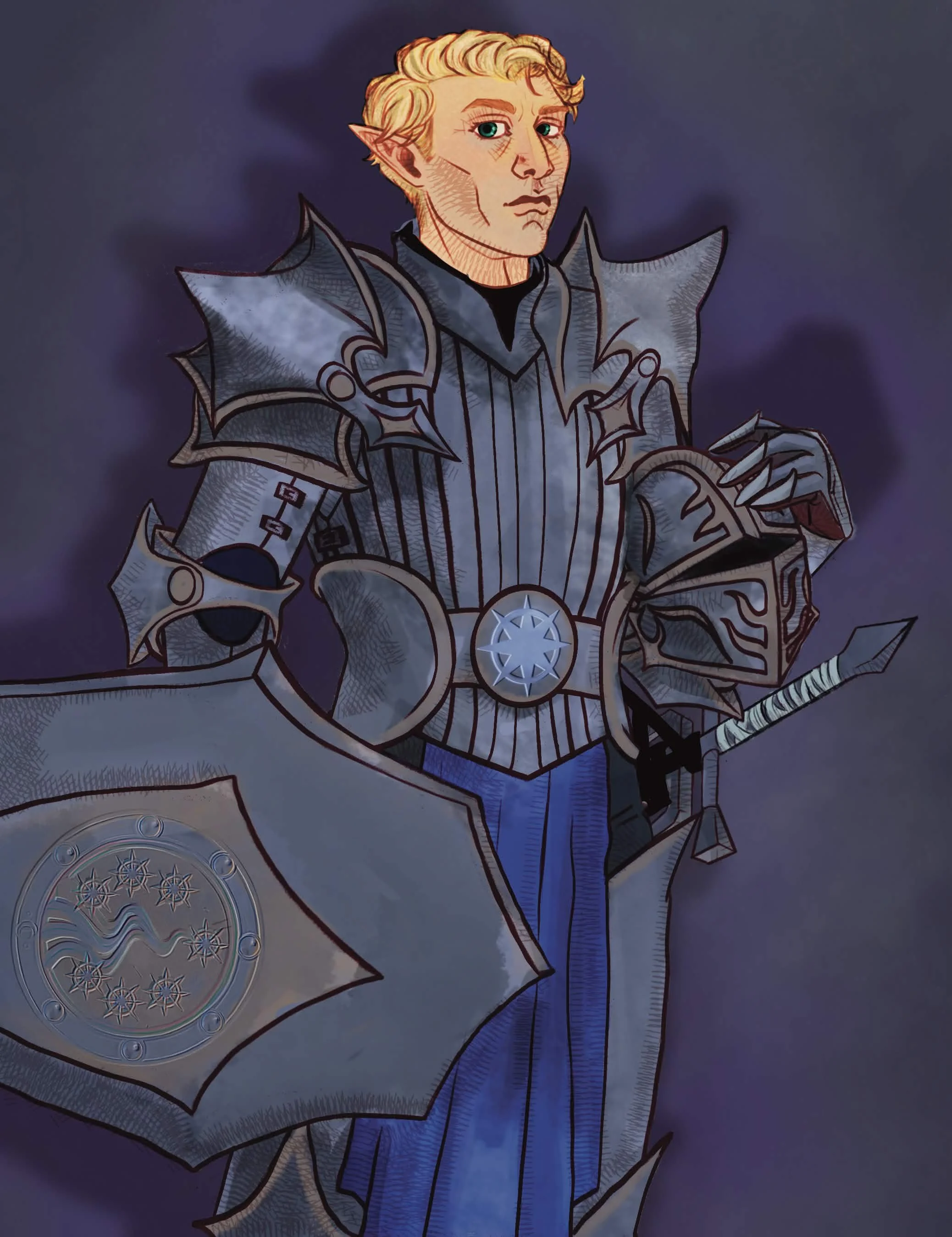 A fantasy illustration of an elf warrior with blond hair and green eyes, dressed in ornate armor with a shield bearing a star-like symbol, holding his helmet, with a sword on his hip in front of a dark, cloudy background.