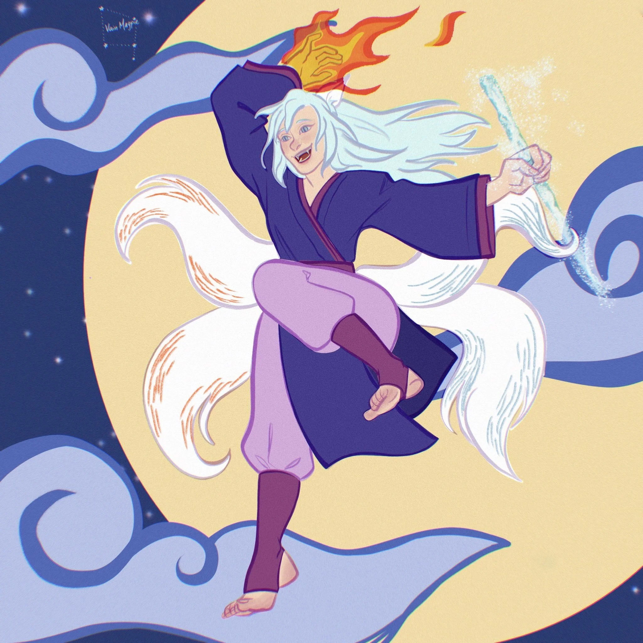 A cartoon character with long white hair, fangs, and pointed ears, dressed in dark robes, appears to be flying through a colorful, cosmic background with clouds, stars, and a yellow moon. The character is holding a wand emitting sparkles or magic.