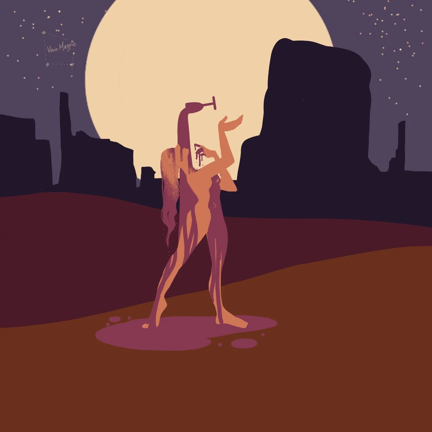 A digital illustration of a humanoid figure with elongated limbs walking in a desert landscape at night under a large full moon. The background features dark rock formations and a starry sky with constellations.