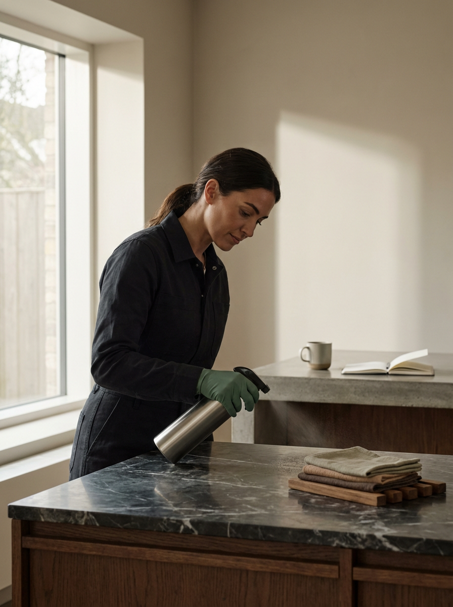 Woman cleaning a kitchen countertop with a spray bottle, wearing green gloves, next to a stack of folded towels, a mug, and an open book.