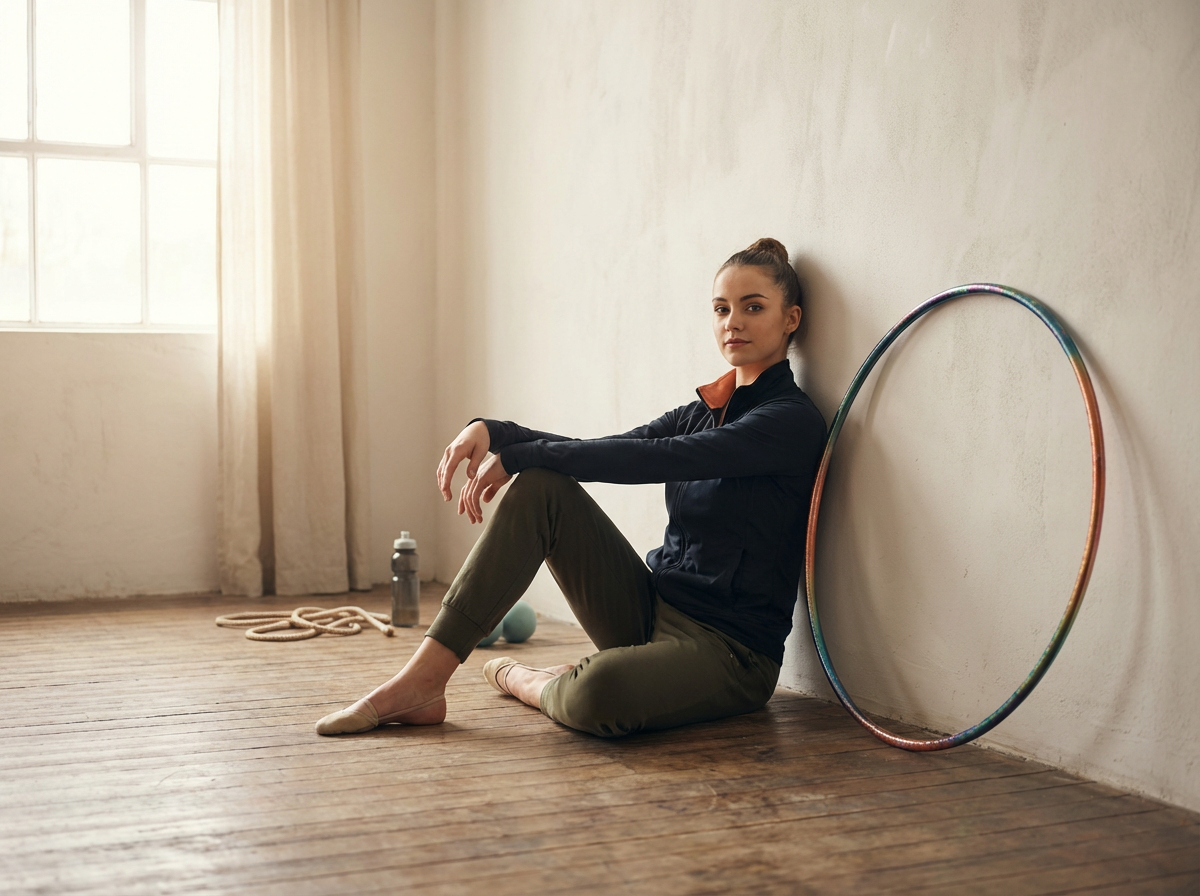 A woman sitting on a wooden floor, leaning against a wall, with a hula hoop, water bottle, and workout items nearby, in a bright room with sunlight streaming through a window.