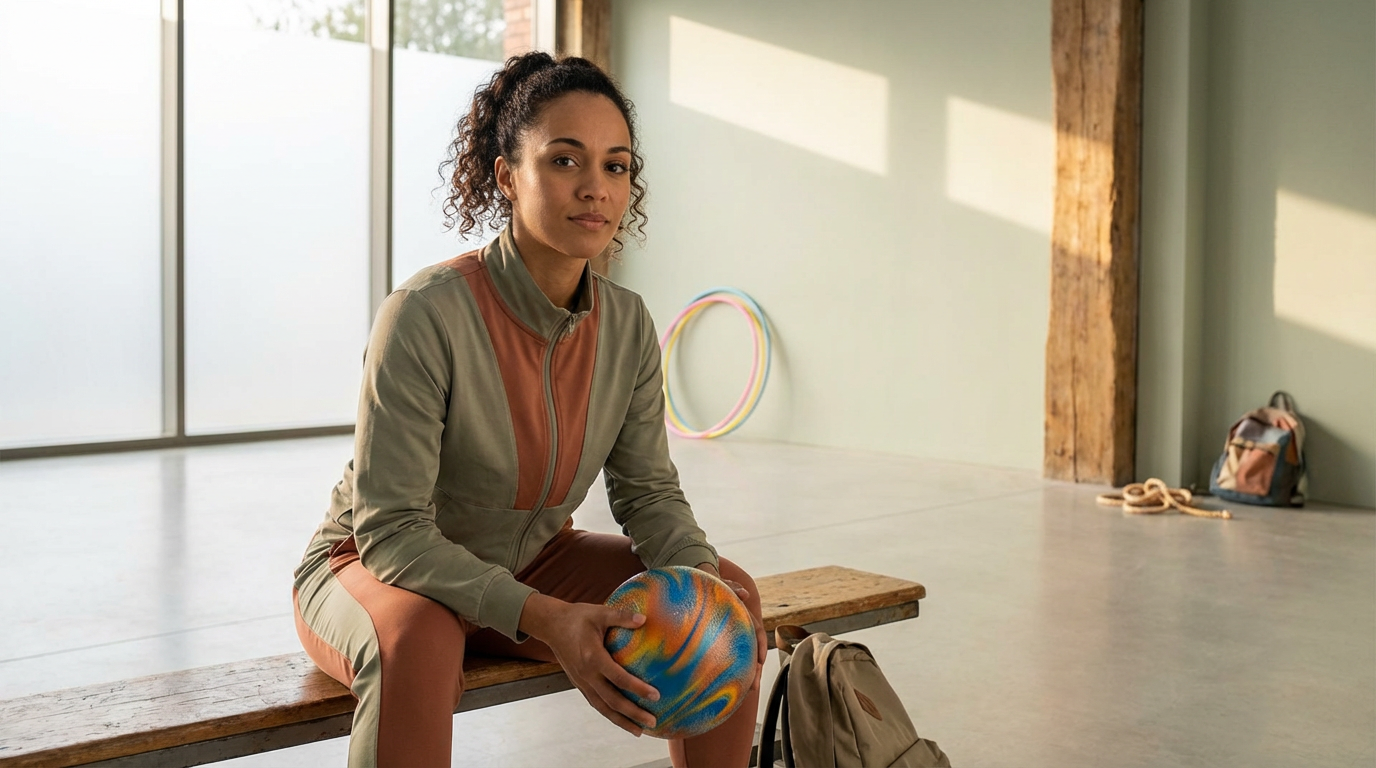 A woman sitting on a wooden bench holding a colorful stress ball in a gym or studio with hula hoops, ropes, and a backpack in the background.